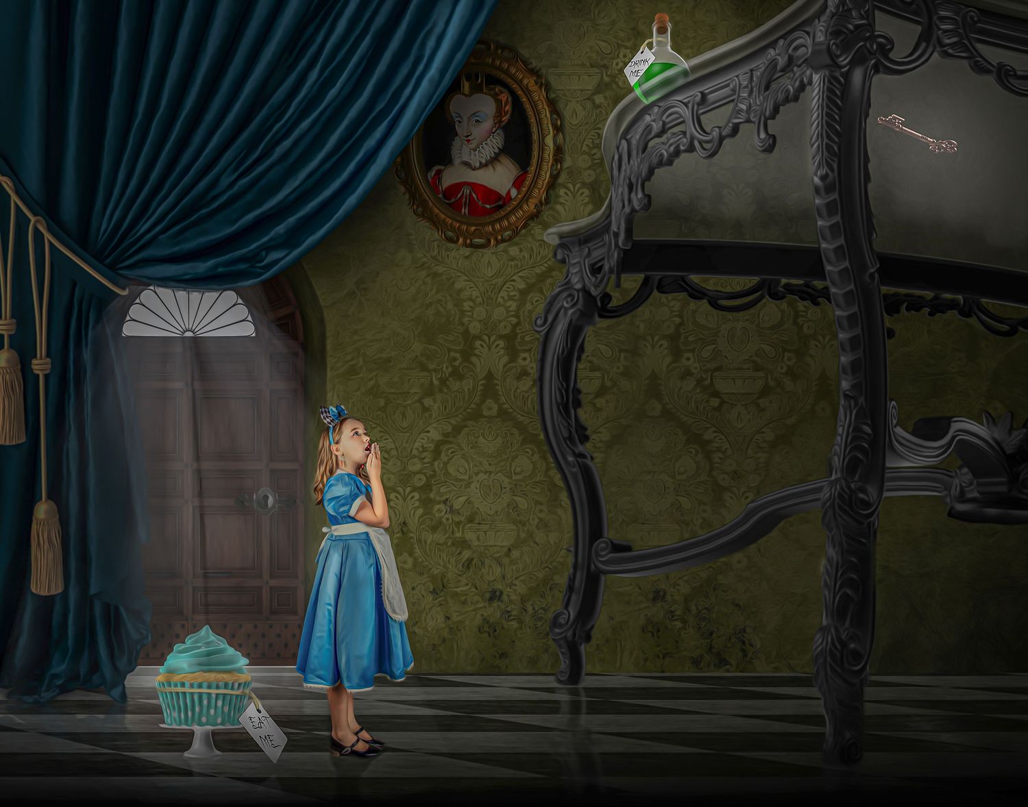 Cinematic fantasy scene with blue curtains and vintage decor in a dramatic theater setting.