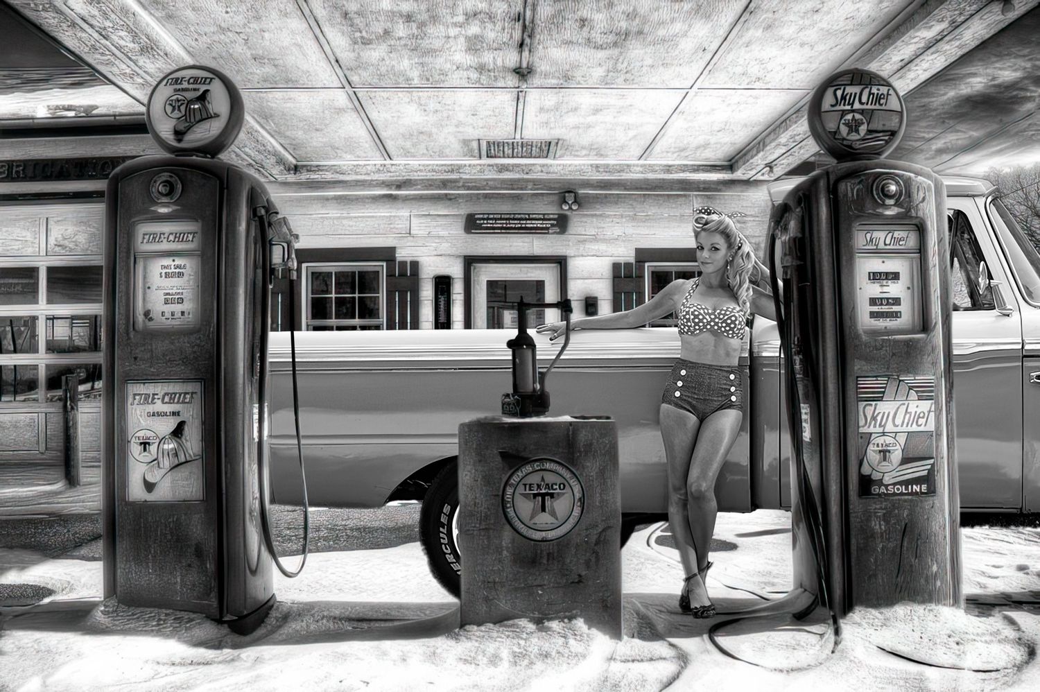 Vintage black and white gas station scene with retro fuel pumps and classic car service aesthetic.