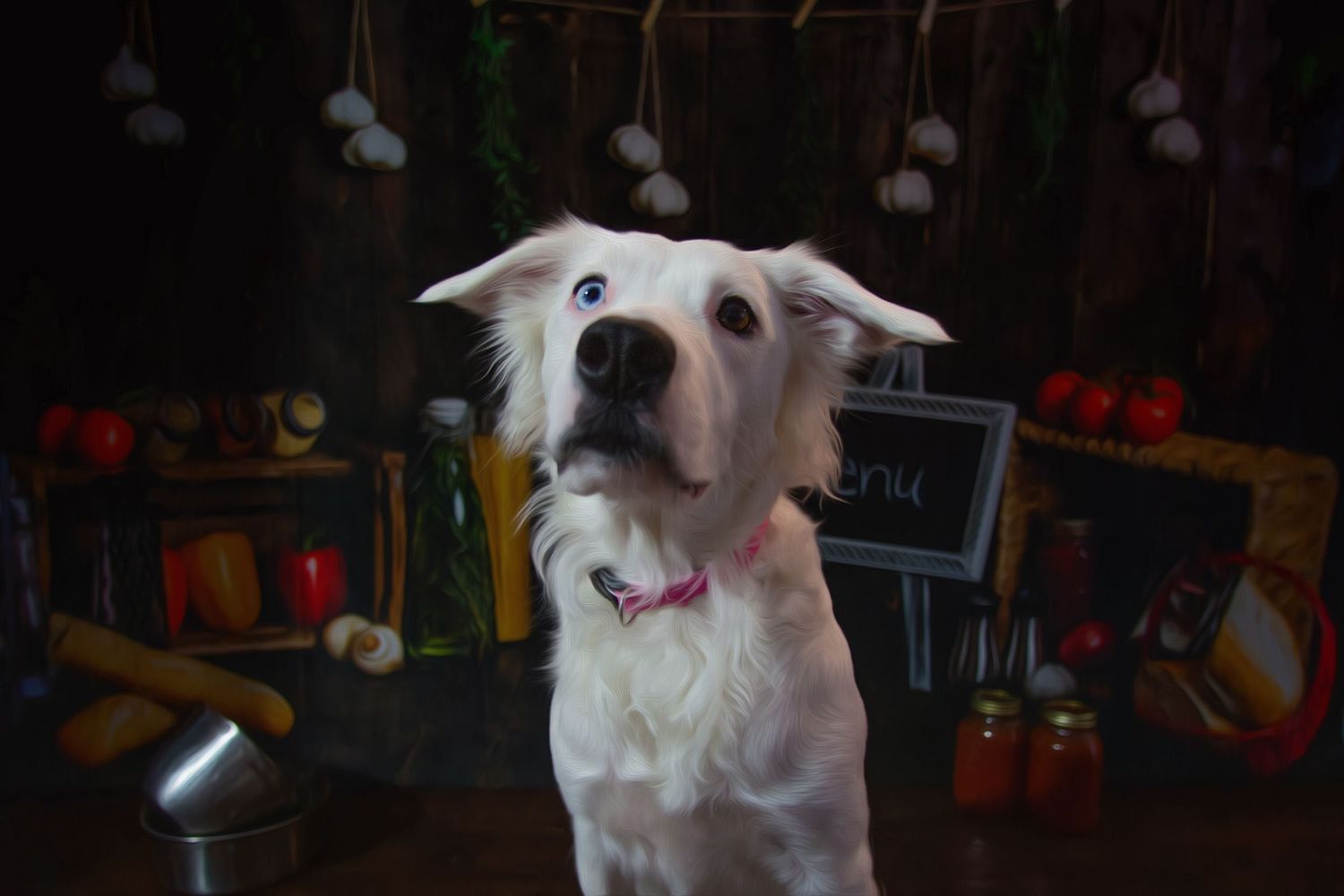 A happy white dog with perky ears smiles at the camera while sitting in a dimly lit room.