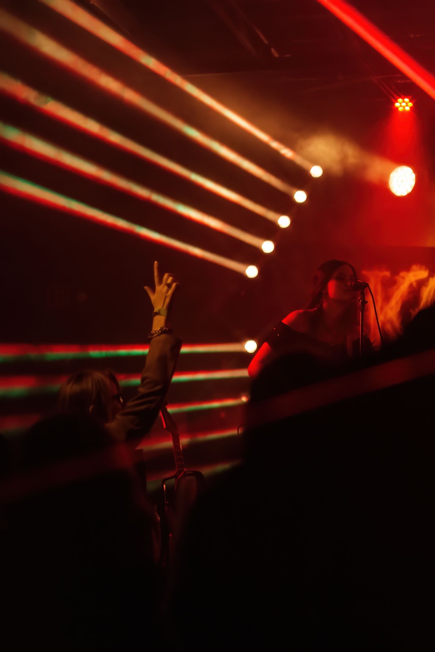 A performer sings on stage bathed in dramatic red laser lights and smoke during a live concert.