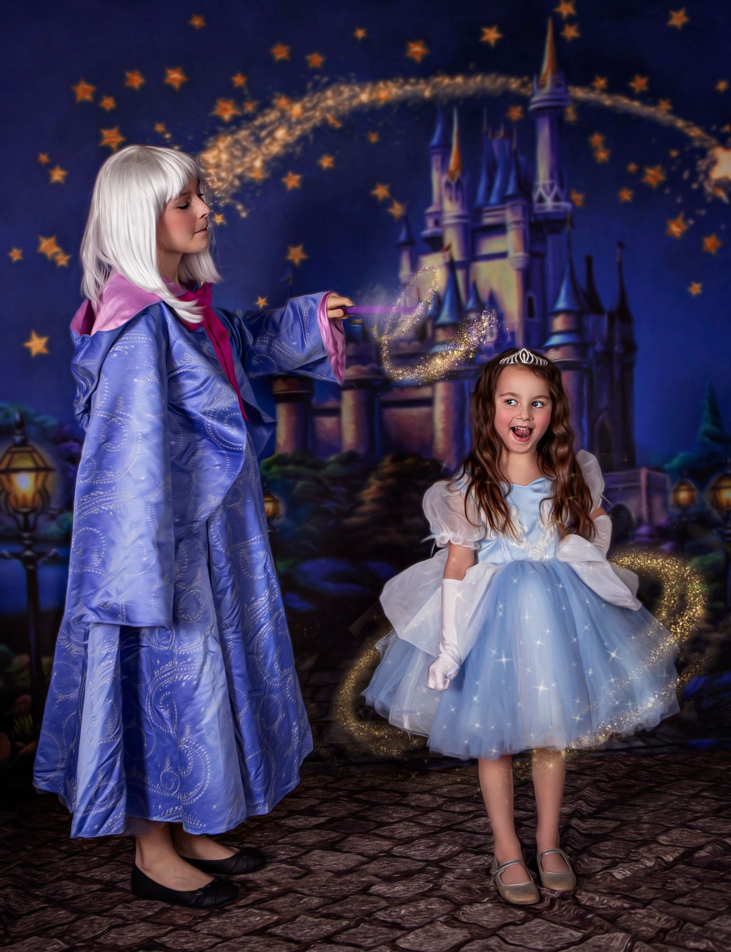 Magical princess-themed photoshoot with floating stars and a castle backdrop at night.