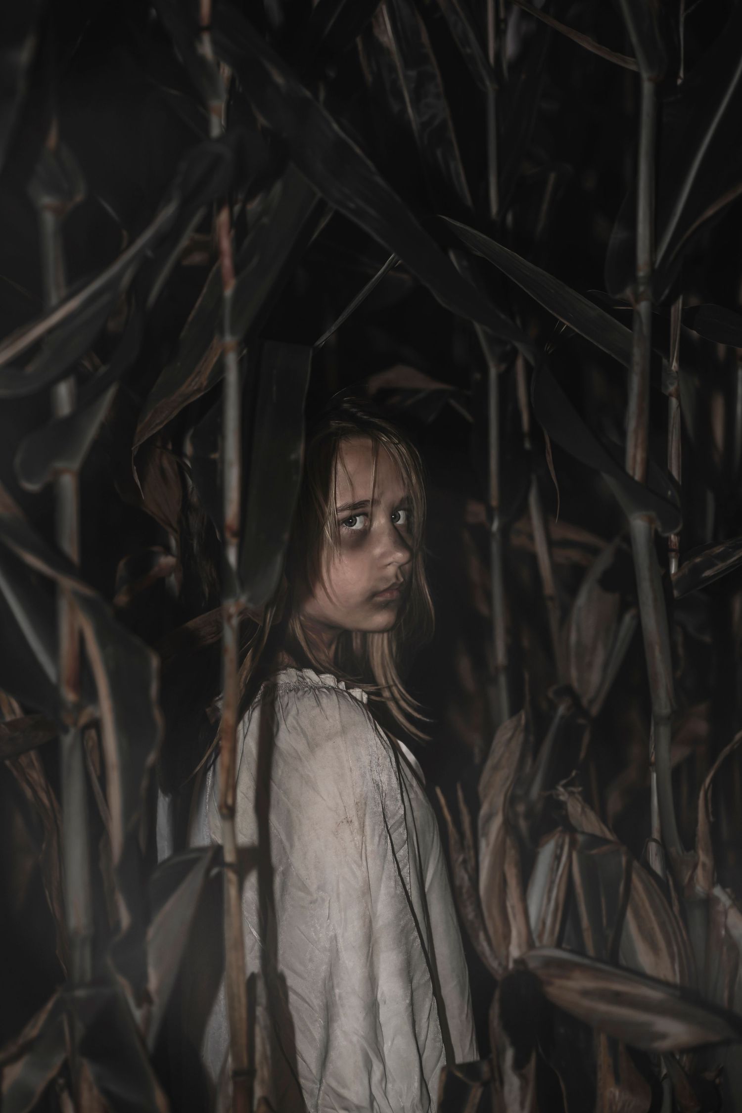 A dark and moody portrait shows a figure among bare branches.