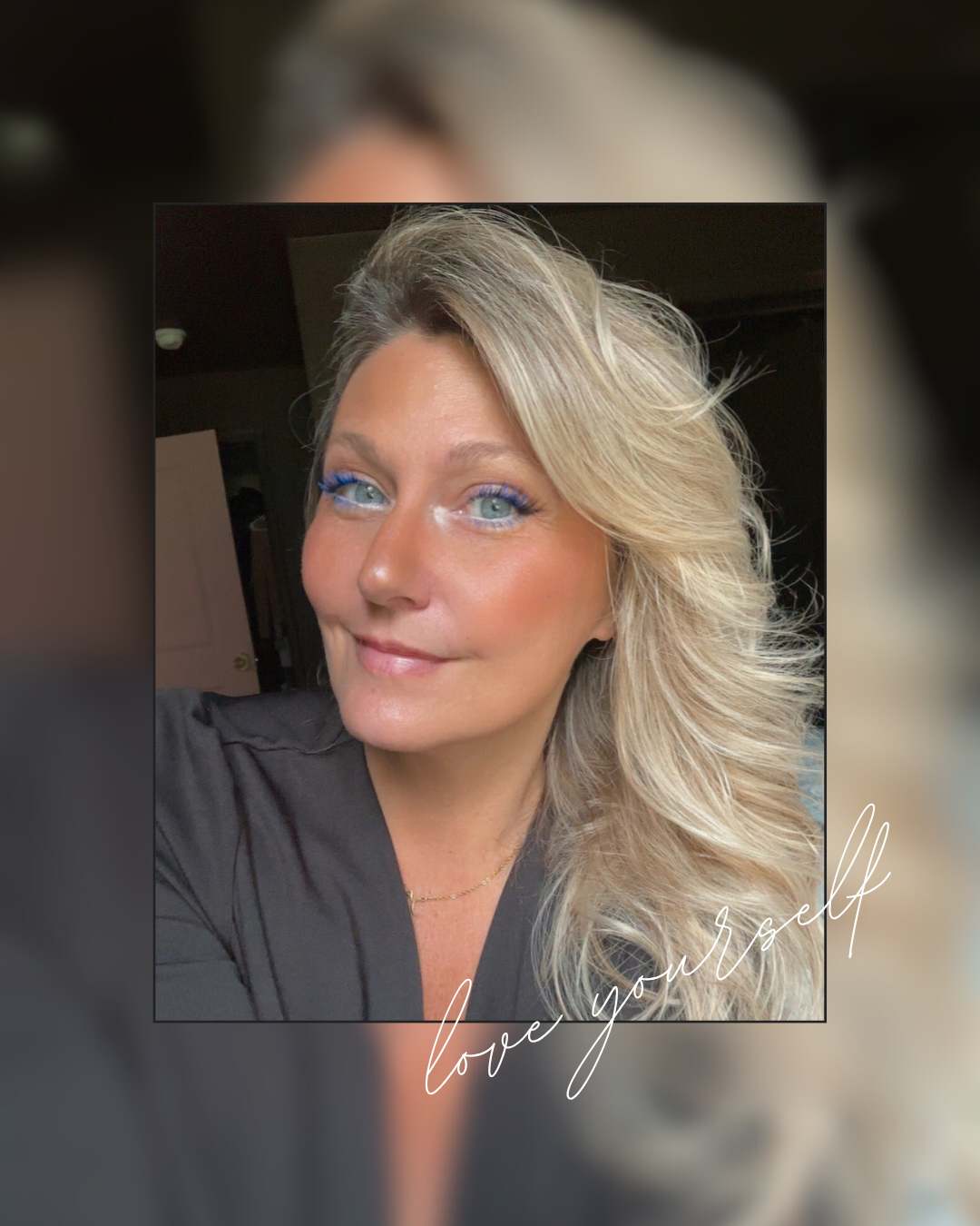 A series of selfie-style photos showing blonde hair and makeup in dark lighting conditions.