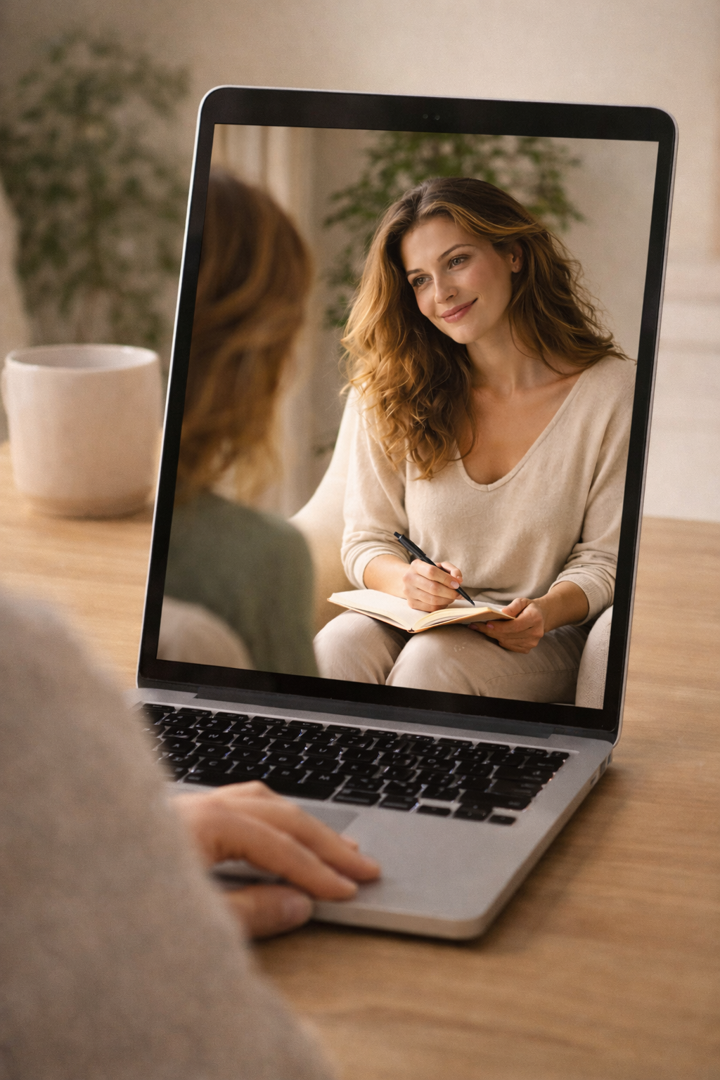 A laptop screen shows a video call conversation between two people having a discussion at a wooden desk.