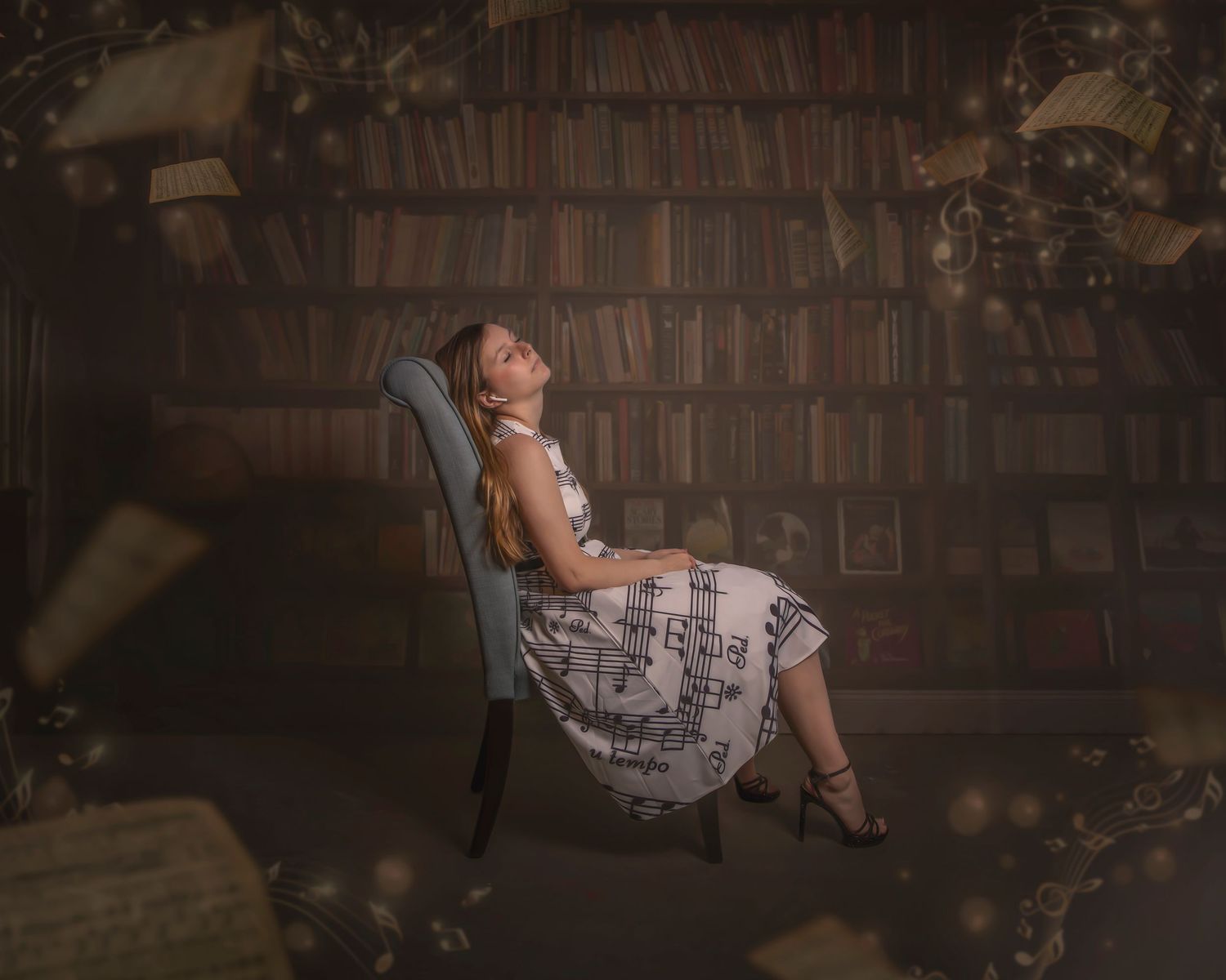 A dark atmospheric sequence of images showing someone reading in a dimly lit library with brick walls and bookshelves.