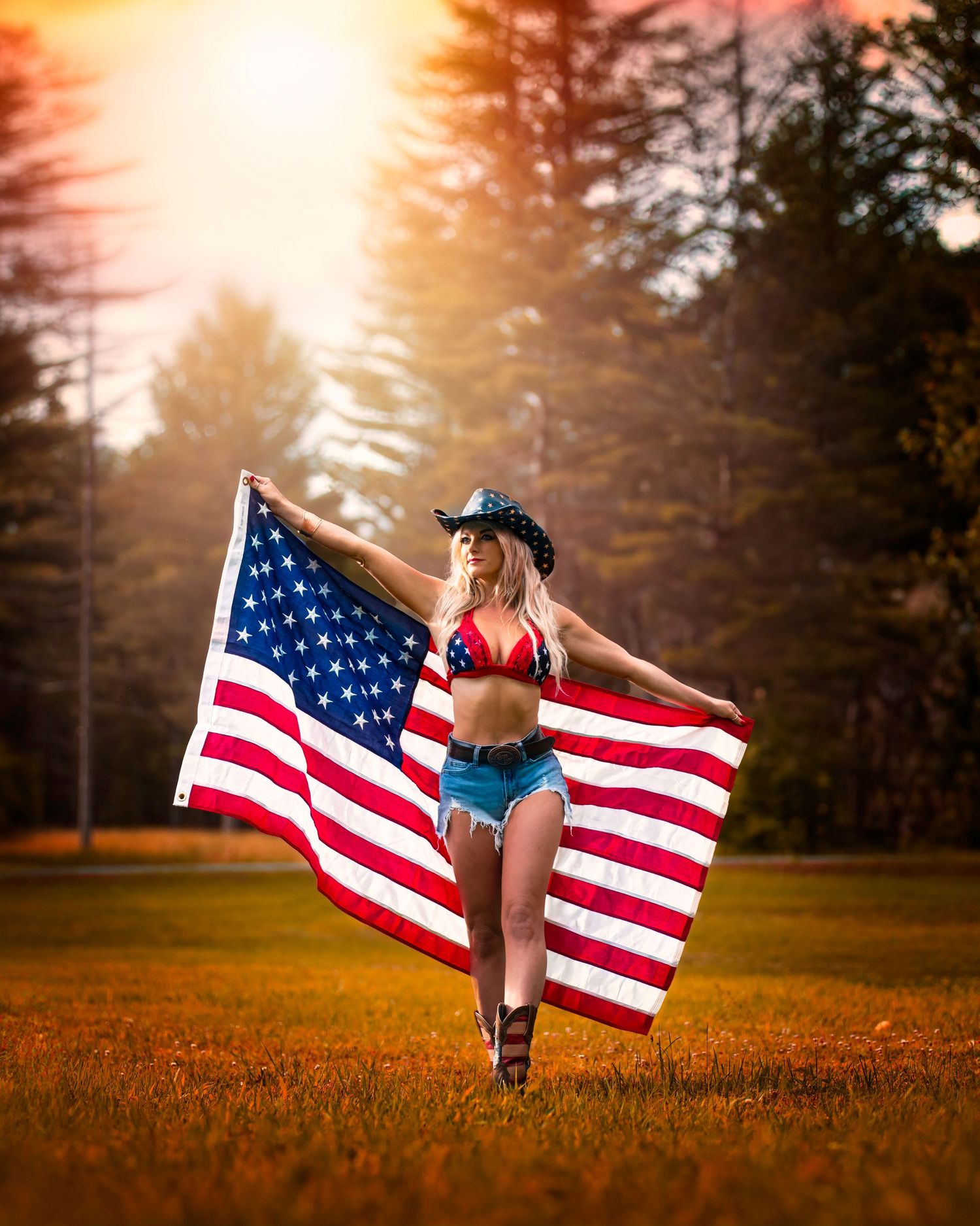 A figure holds an American flag at sunset in a grassy field with evergreen trees silhouetted in the background.
