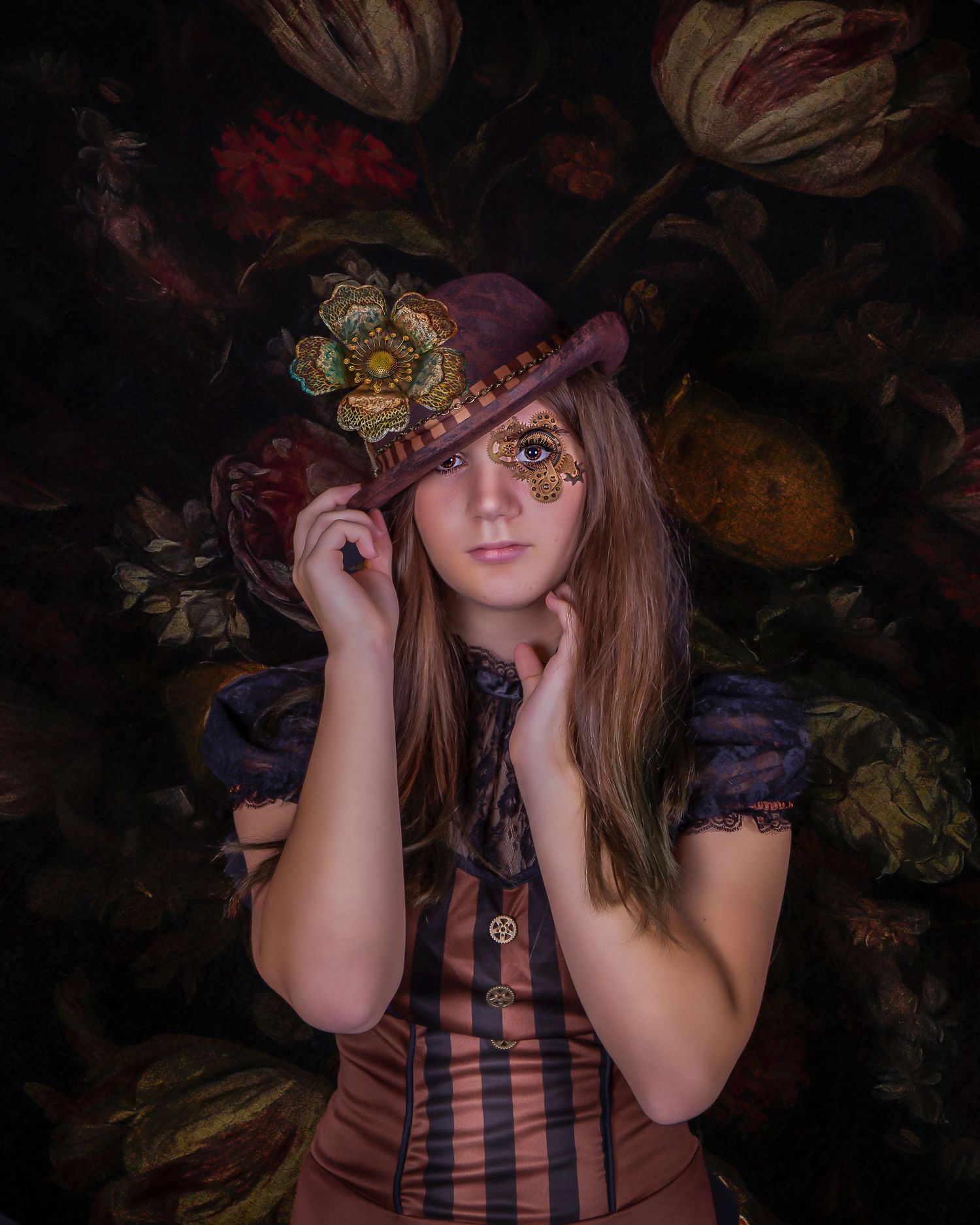 Artistic portrait with yellow flowers against dark moody background in vintage style.