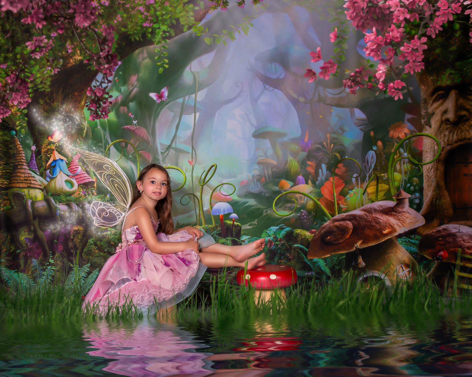 Whimsical fantasy garden scene with pink flowers and magical forest elements.