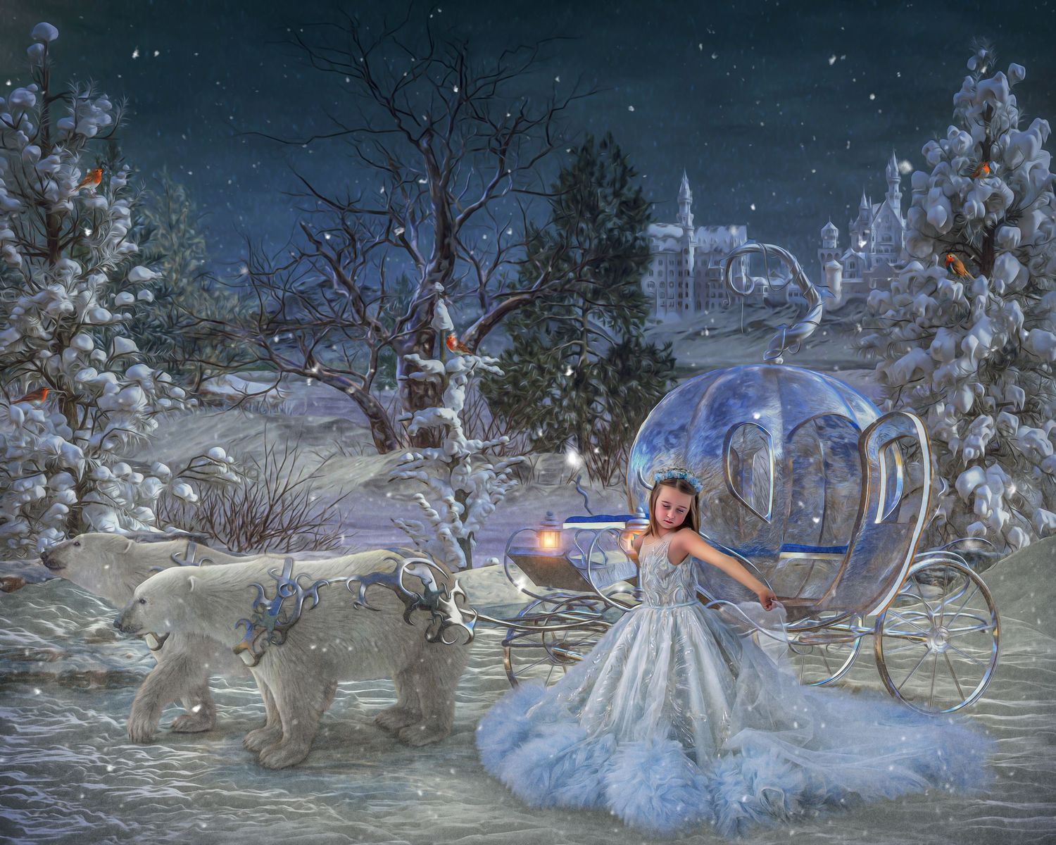 Ethereal winter photography series with blue gown against snowy landscape and illuminated trees.