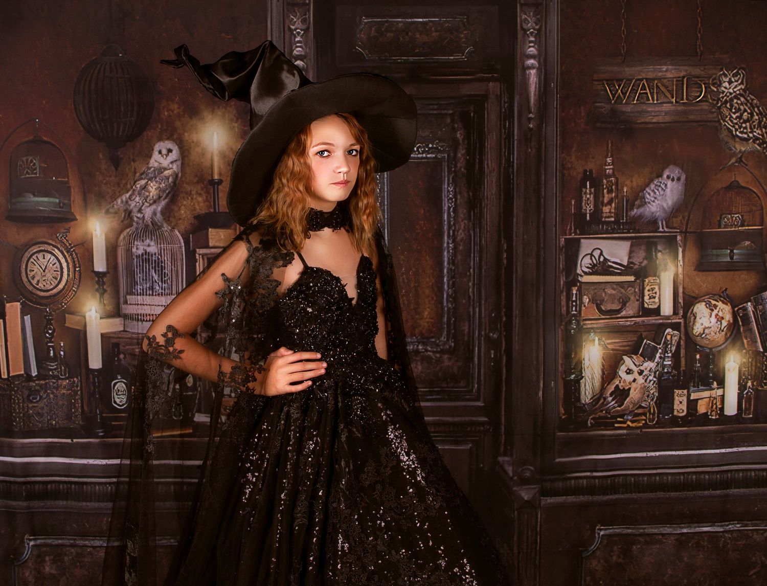 Vintage-style interior with dark sparkly dress and antique decorations.