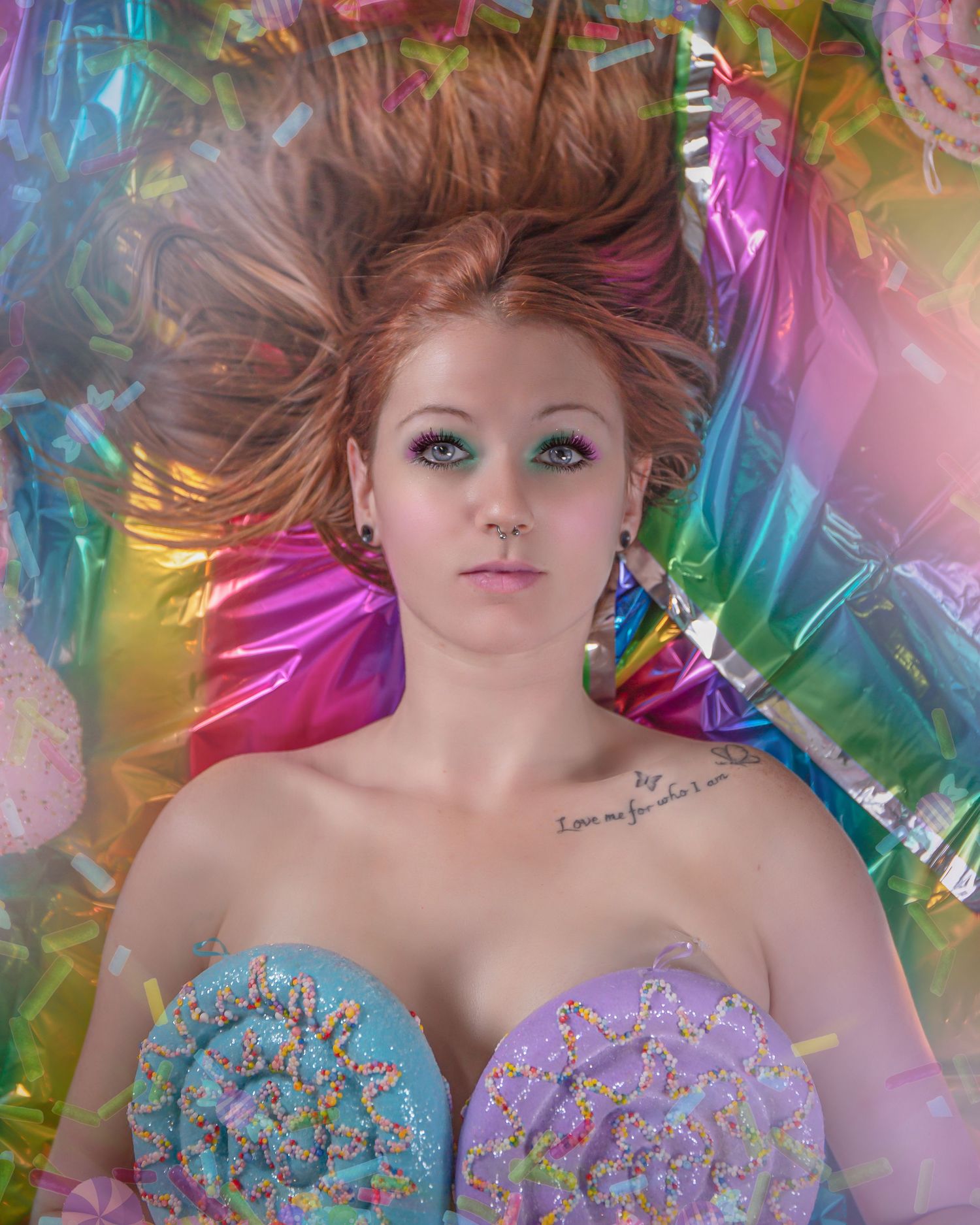 Dreamy portrait series with iridescent backdrop and pastel color palette.