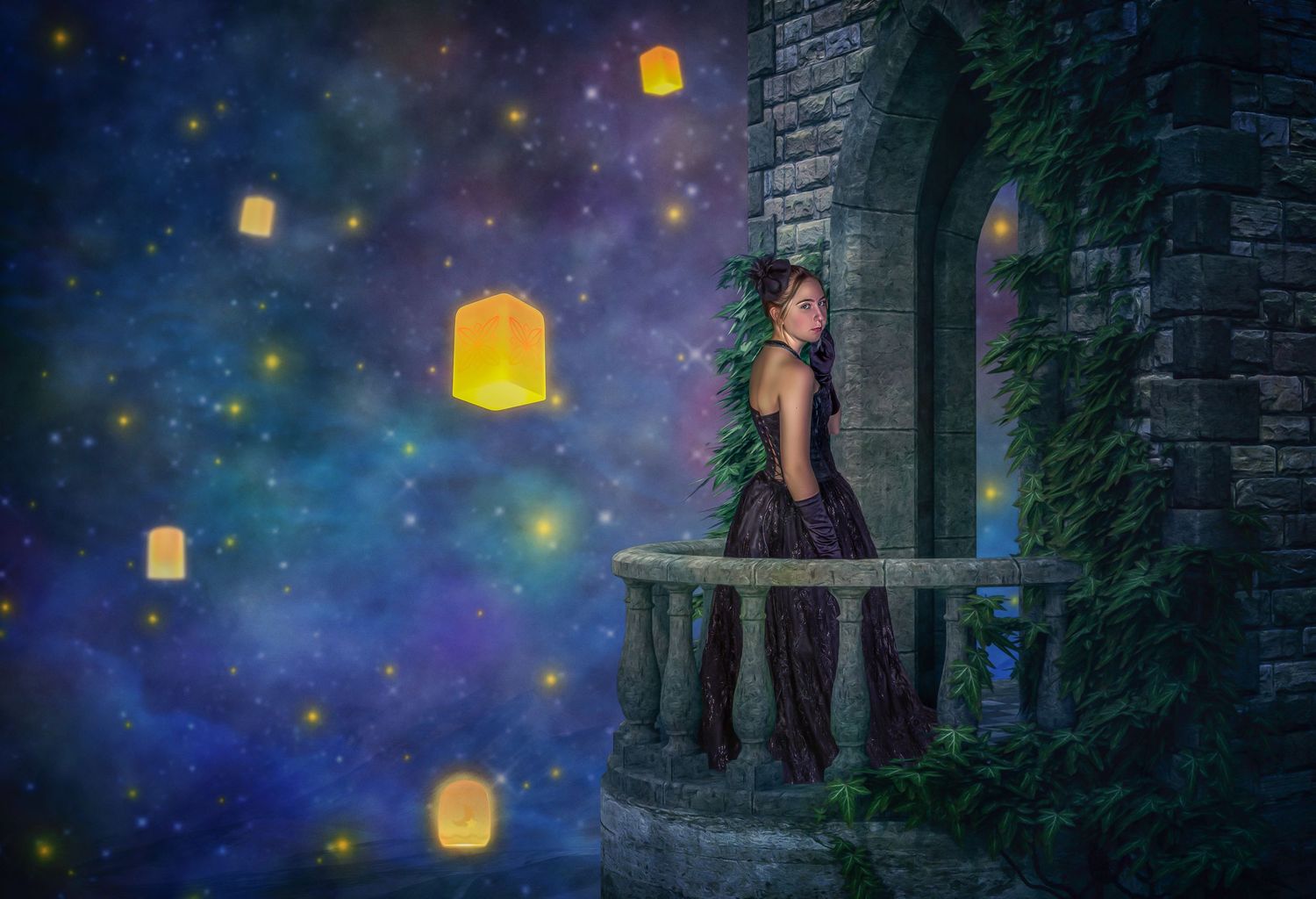 Glowing lanterns float in a magical nighttime scene with stone walls and twinkling stars.