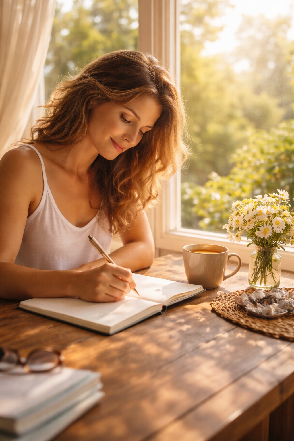 A person writes in a journal at a wooden desk with sunlit windows and fresh flowers in a peaceful morning setting.