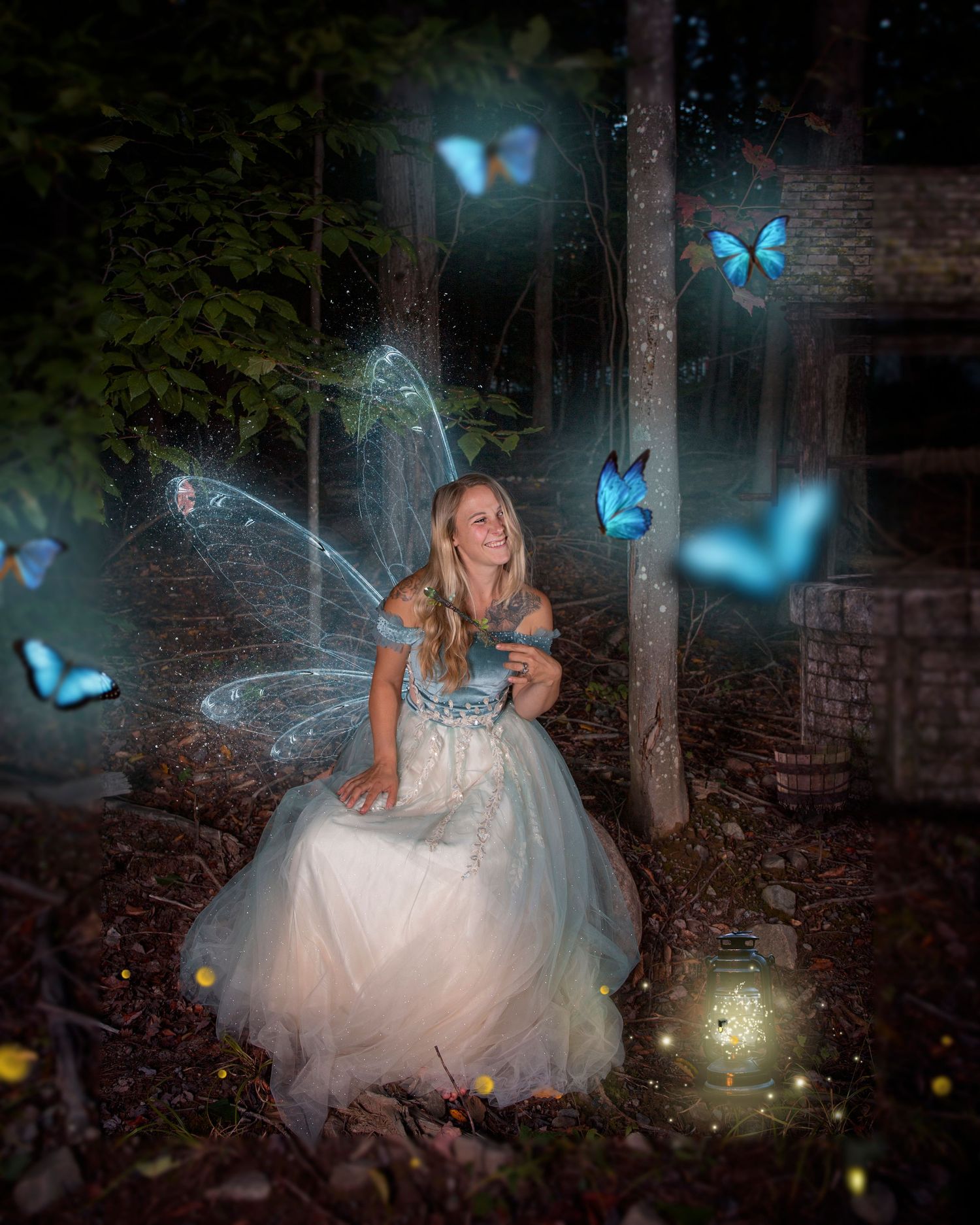 Enchanted forest scene with glowing blue butterflies and magical lighting effects.