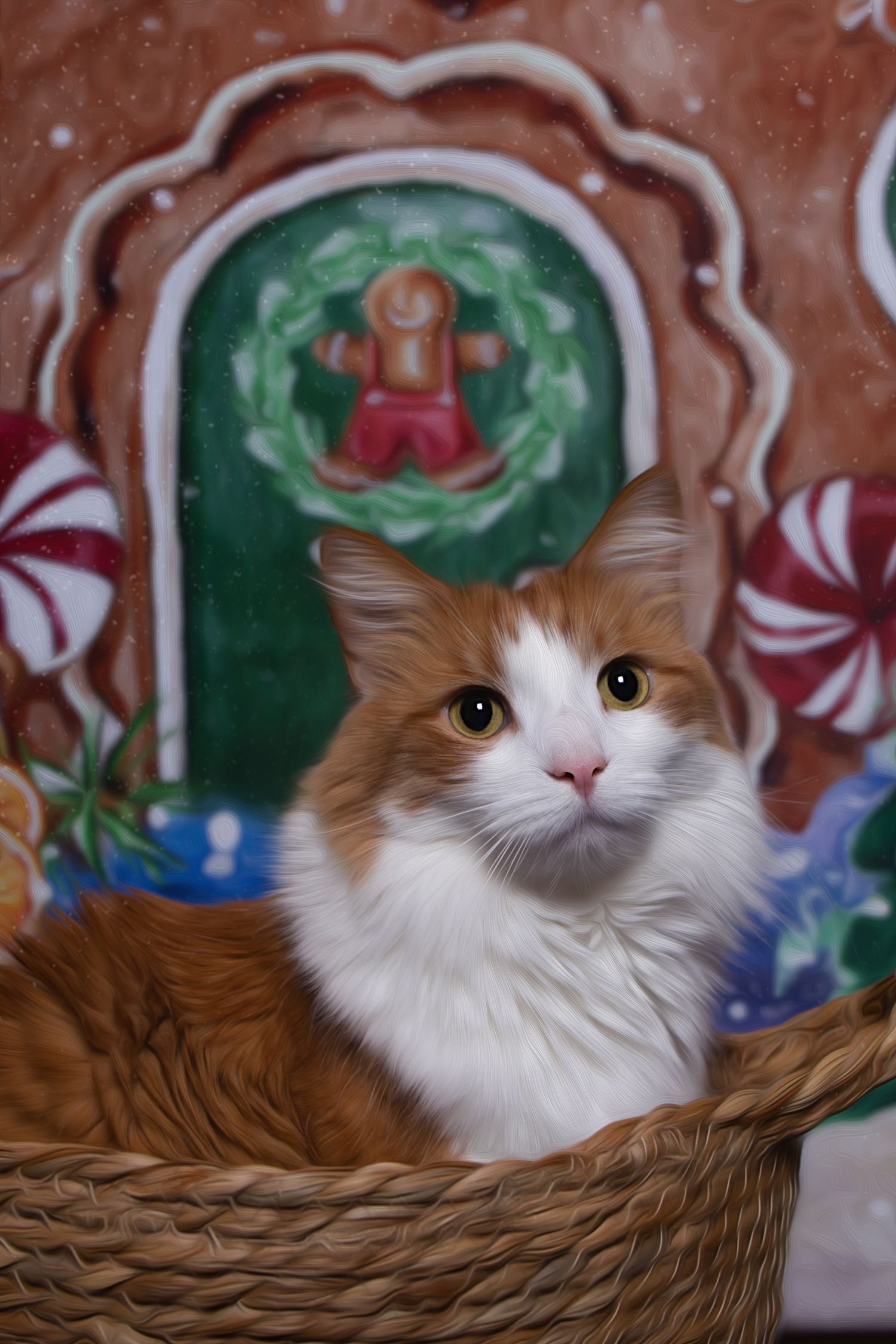 Orange and white cat with bright eyes sits in woven basket against colorful patterned background.