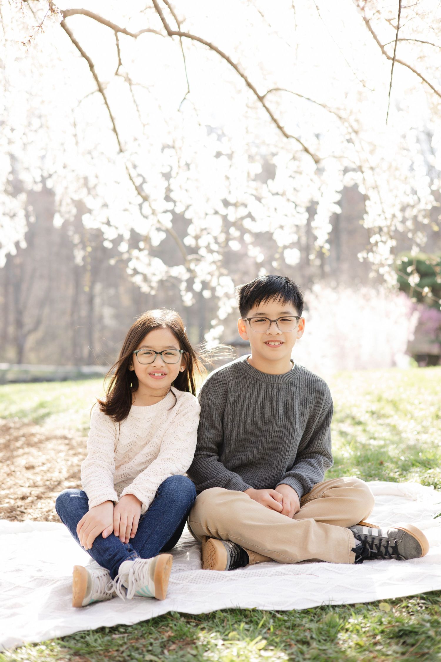 Two children wearing glasses sit on a blanket under blooming cherry blossom trees in a sunny park.