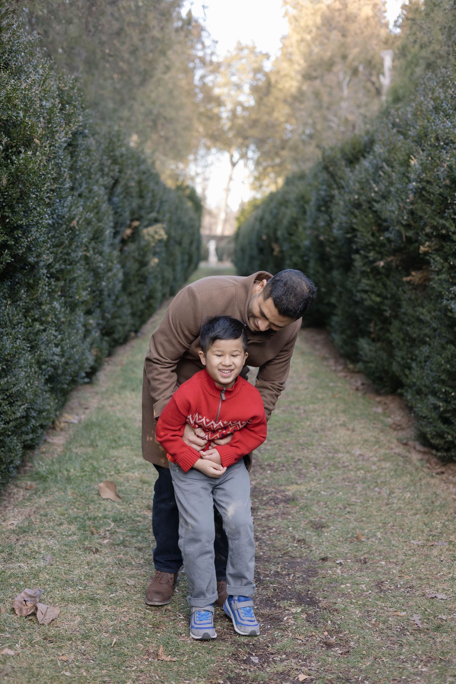 A tender family moment captured between rows of evergreen trees during a photo session.