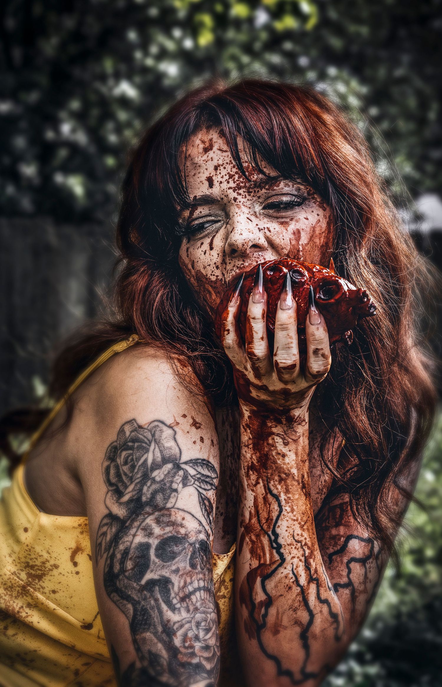 Dark artistic portrait sequence showing tattoos and blood effects in a gothic horror style.