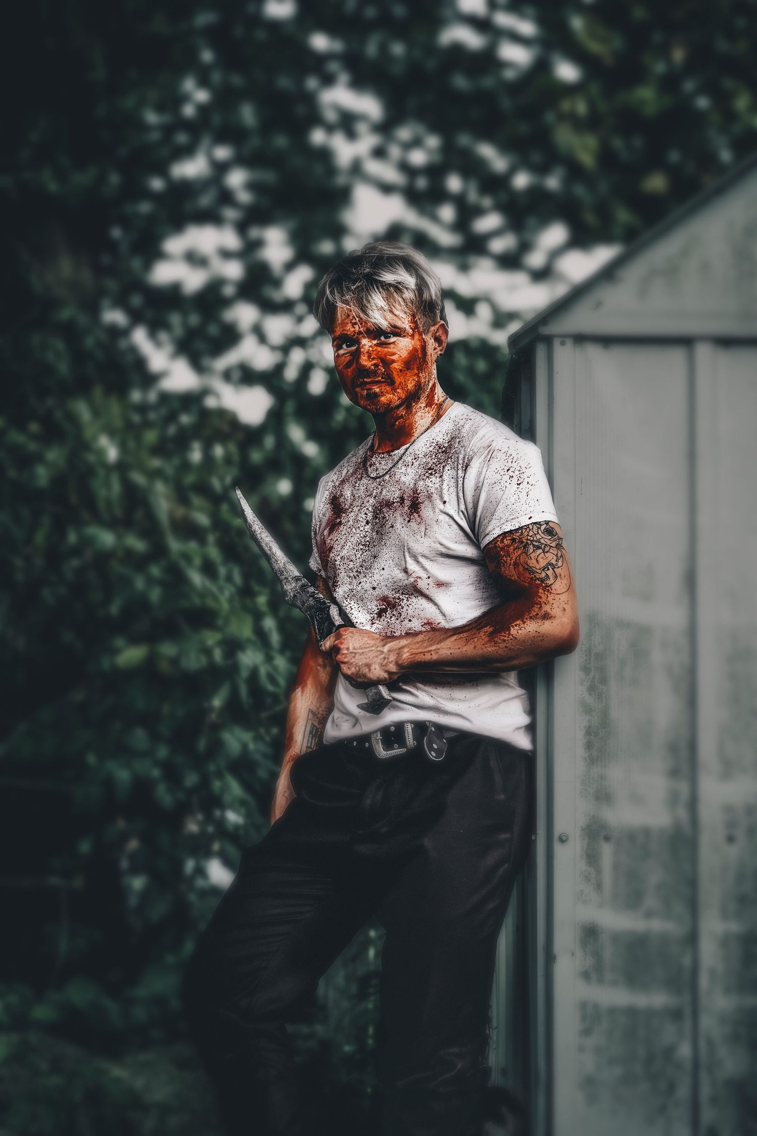 Horror themed photo sequence with blood effects in outdoor setting.