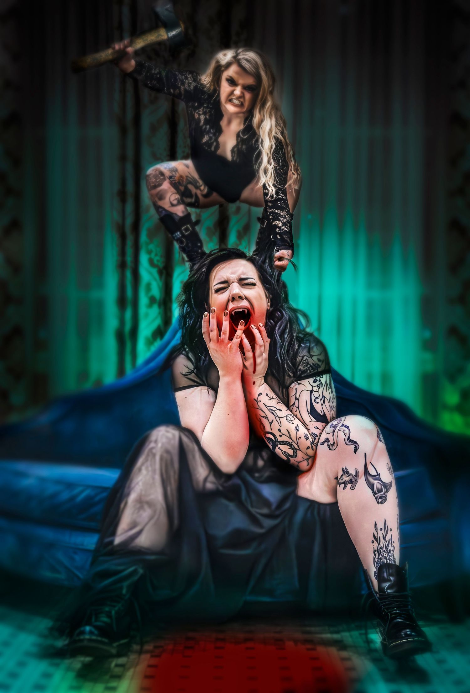 Gothic horror themed photoshoot with teal lighting and dark atmospheric effects.