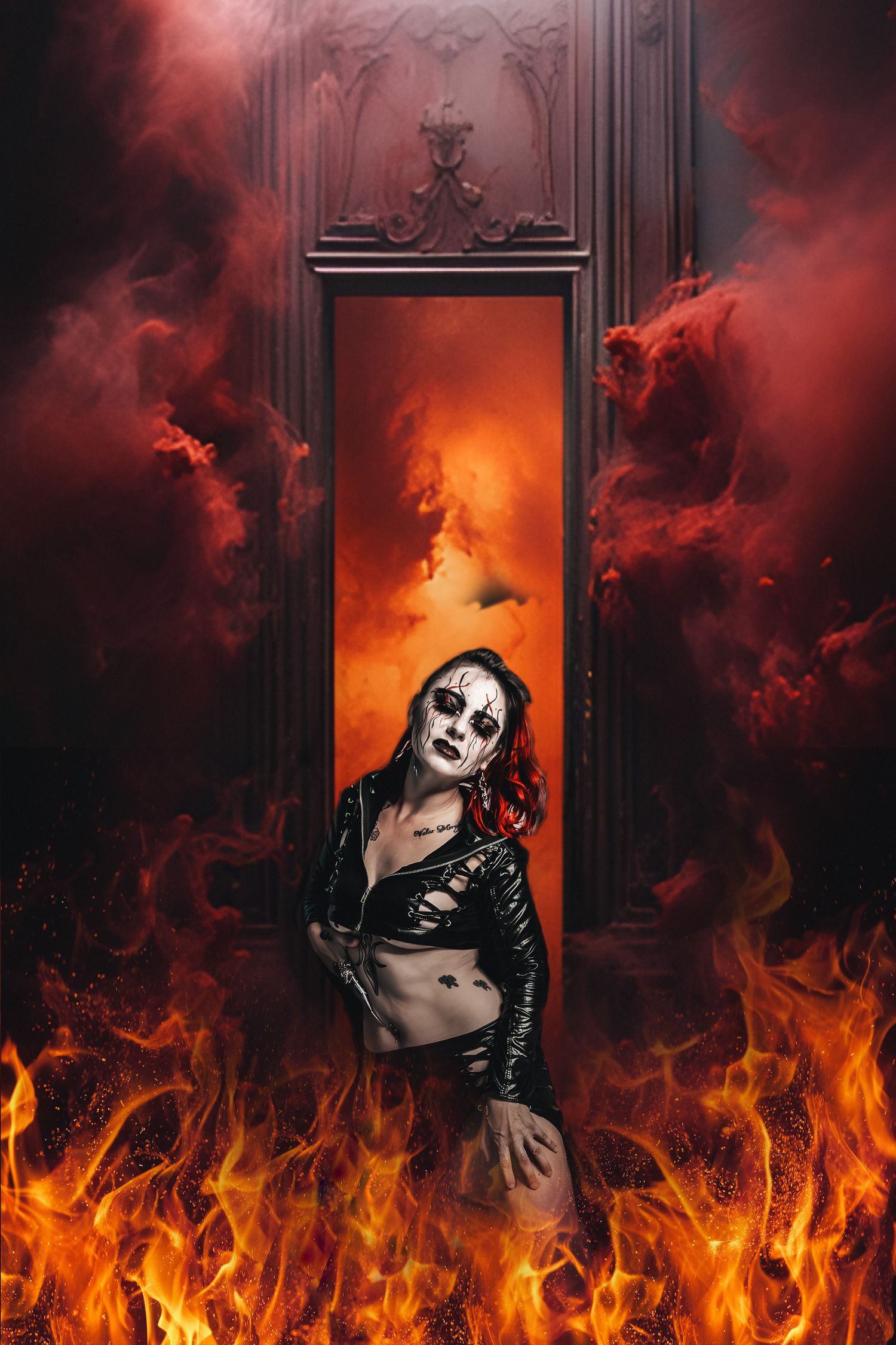 Dark gothic figure emerges from doorway surrounded by dramatic orange flames and smoke.