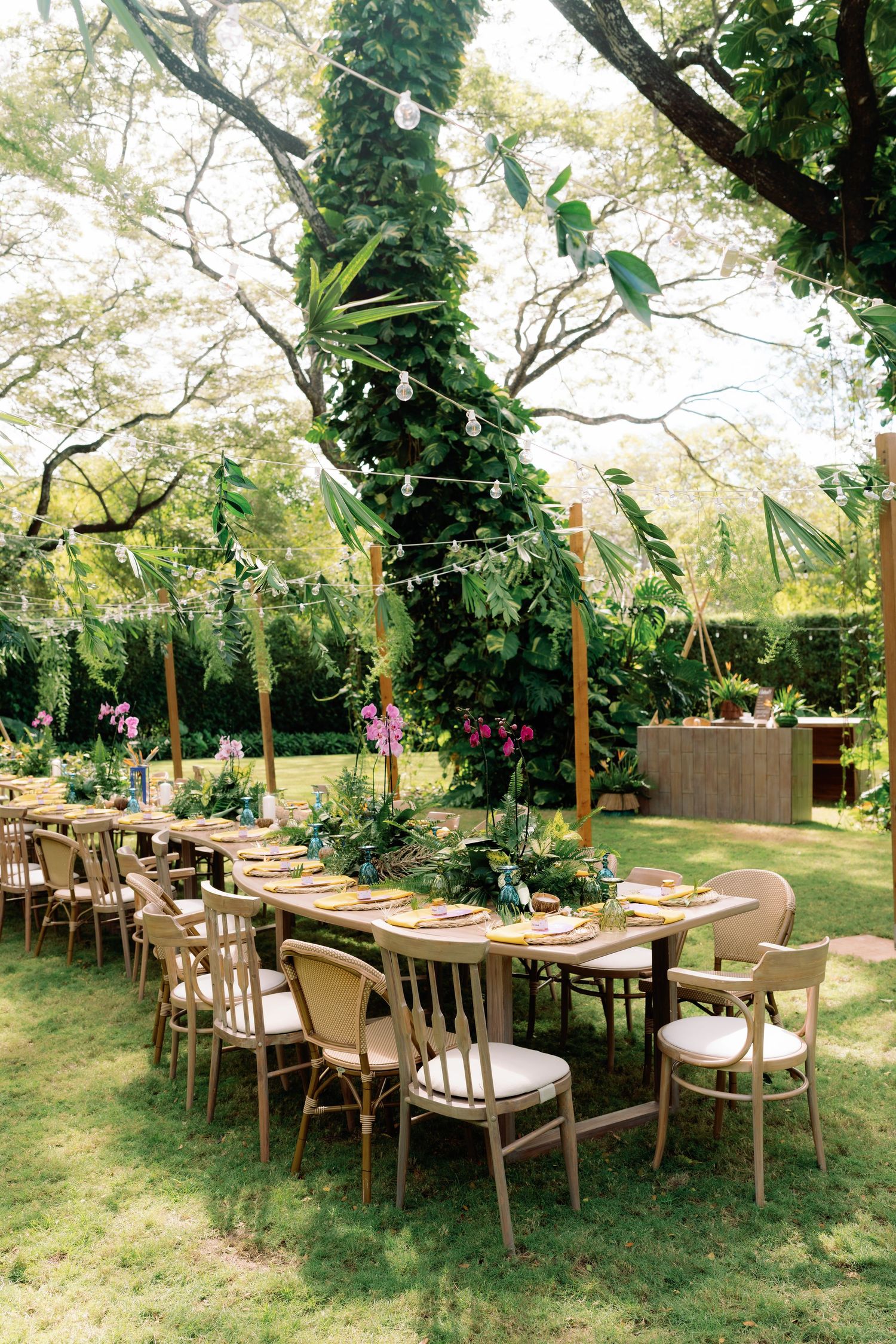 Elegant outdoor dining setup with wooden tables and chairs arranged under lush green trees.