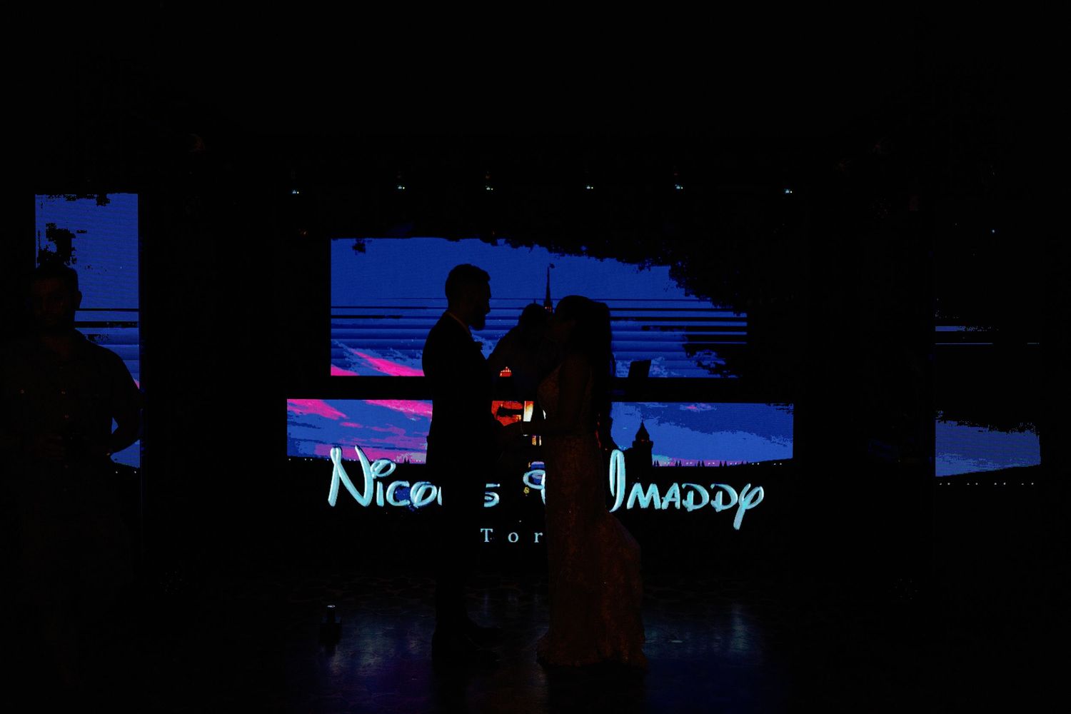 Silhouetted crowd against blue and purple stage lighting at concert.