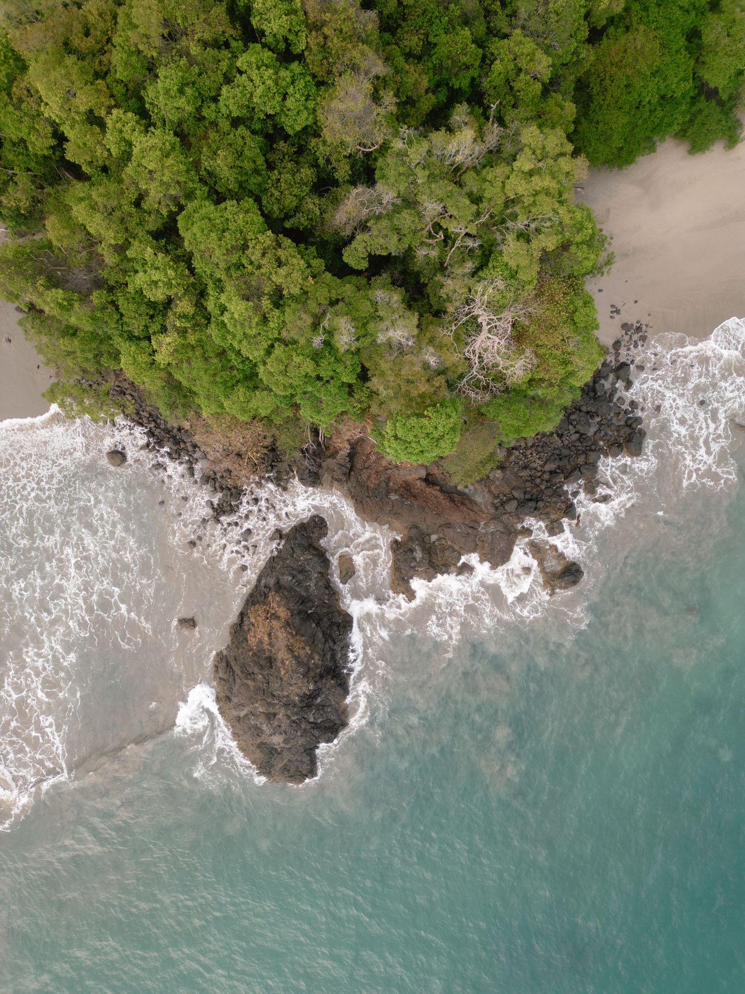 Aerial drone shot of waves crashing against a tropical coastline with lush green vegetation.
