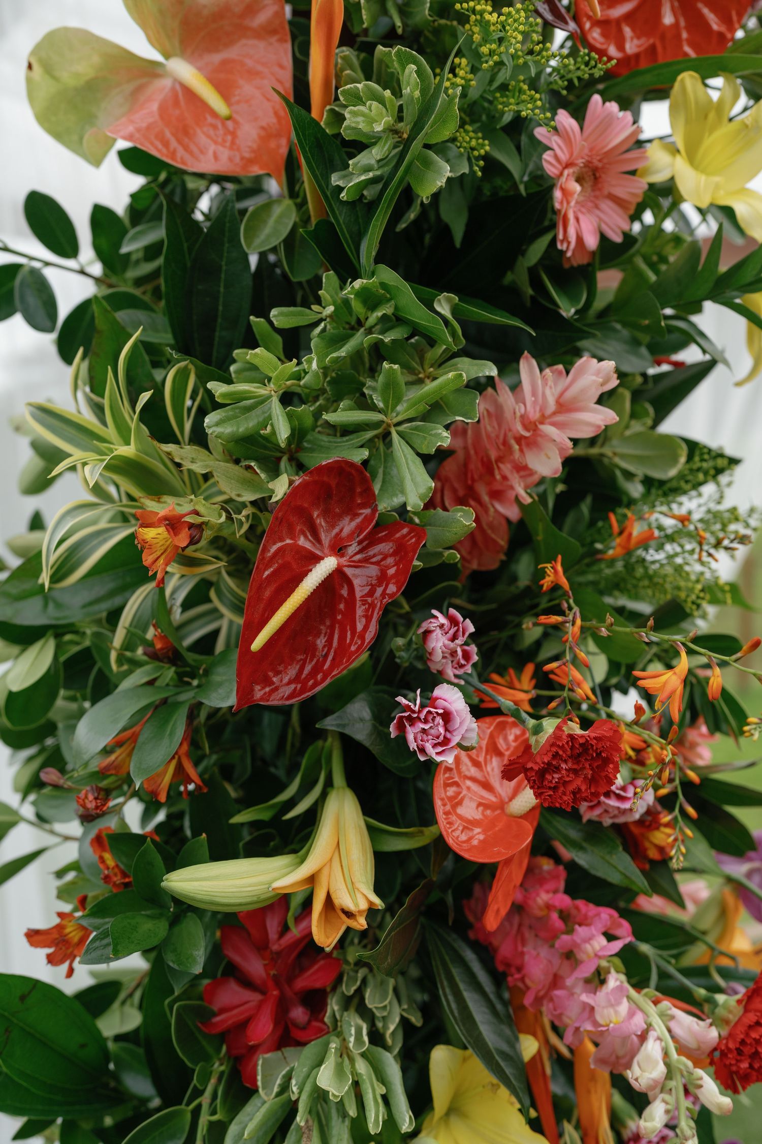 Vibrant tropical floral arrangement featuring anthurium, lilies and pink blooms with lush greenery.