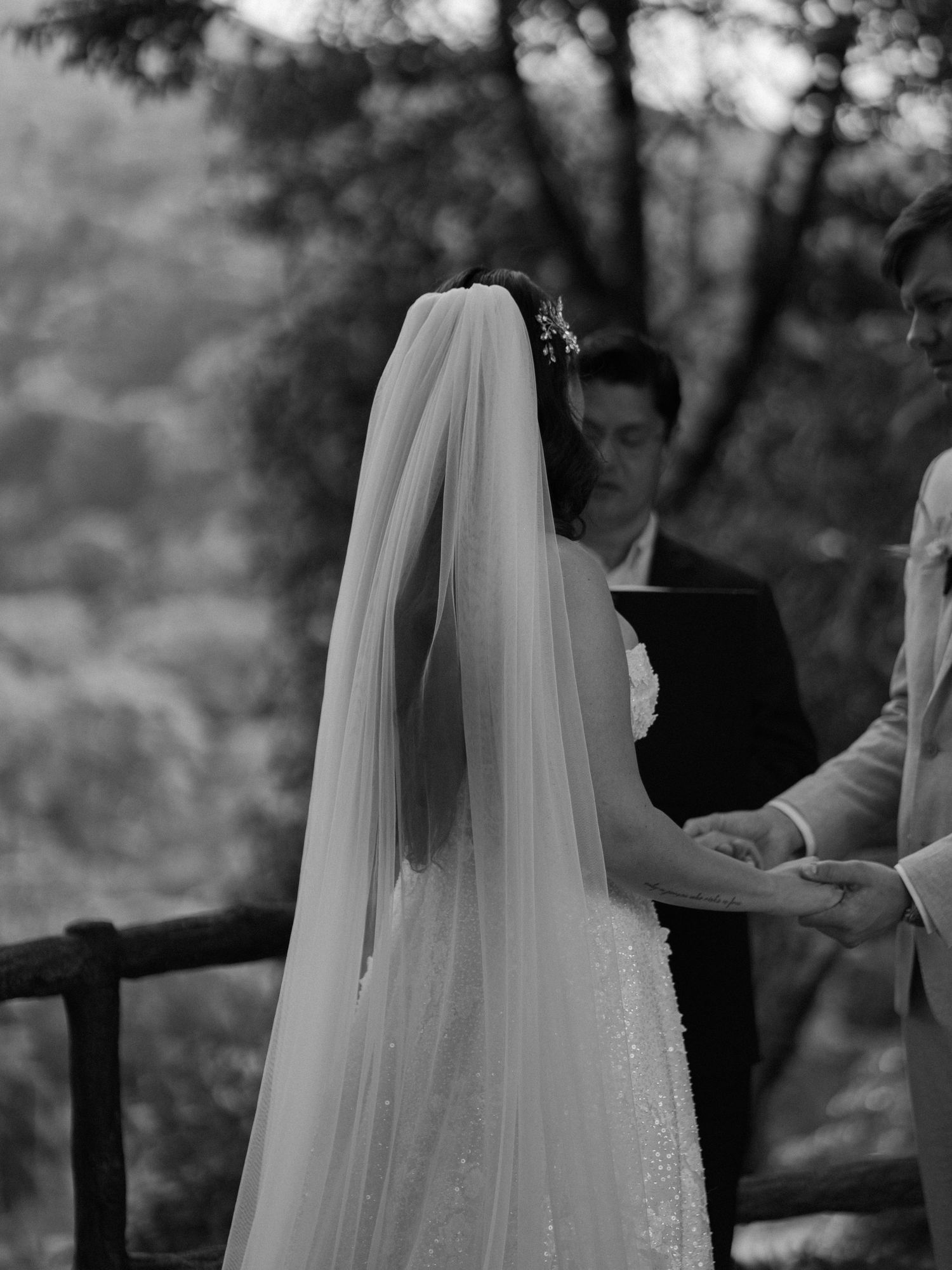 A flowing white wedding veil captured in black and white against a natural backdrop.