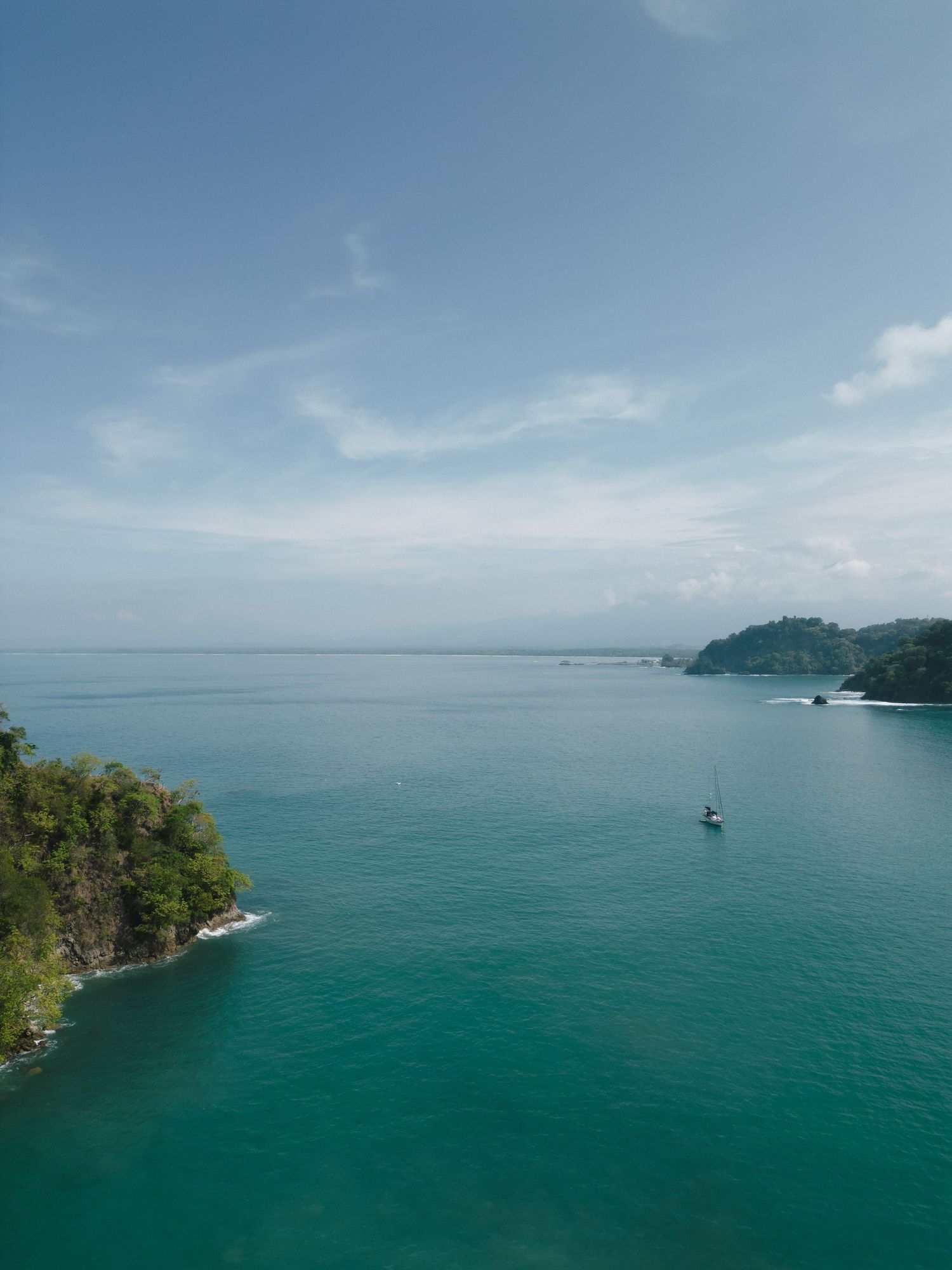 Aerial view of turquoise ocean waters meeting forested coastline under blue skies.