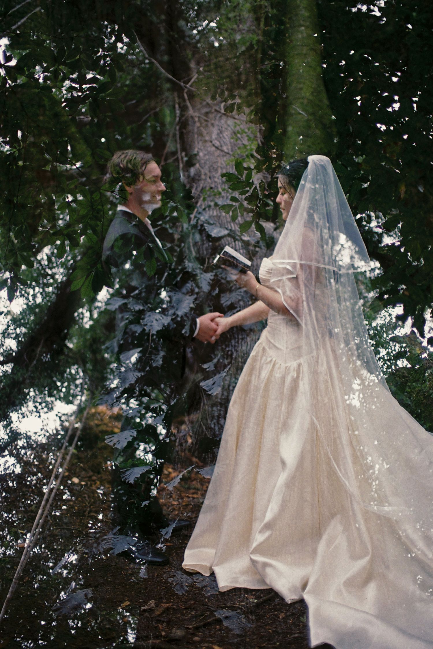 A stunning wedding dress with a flowing veil photographed against a backdrop of trees and natural scenery.