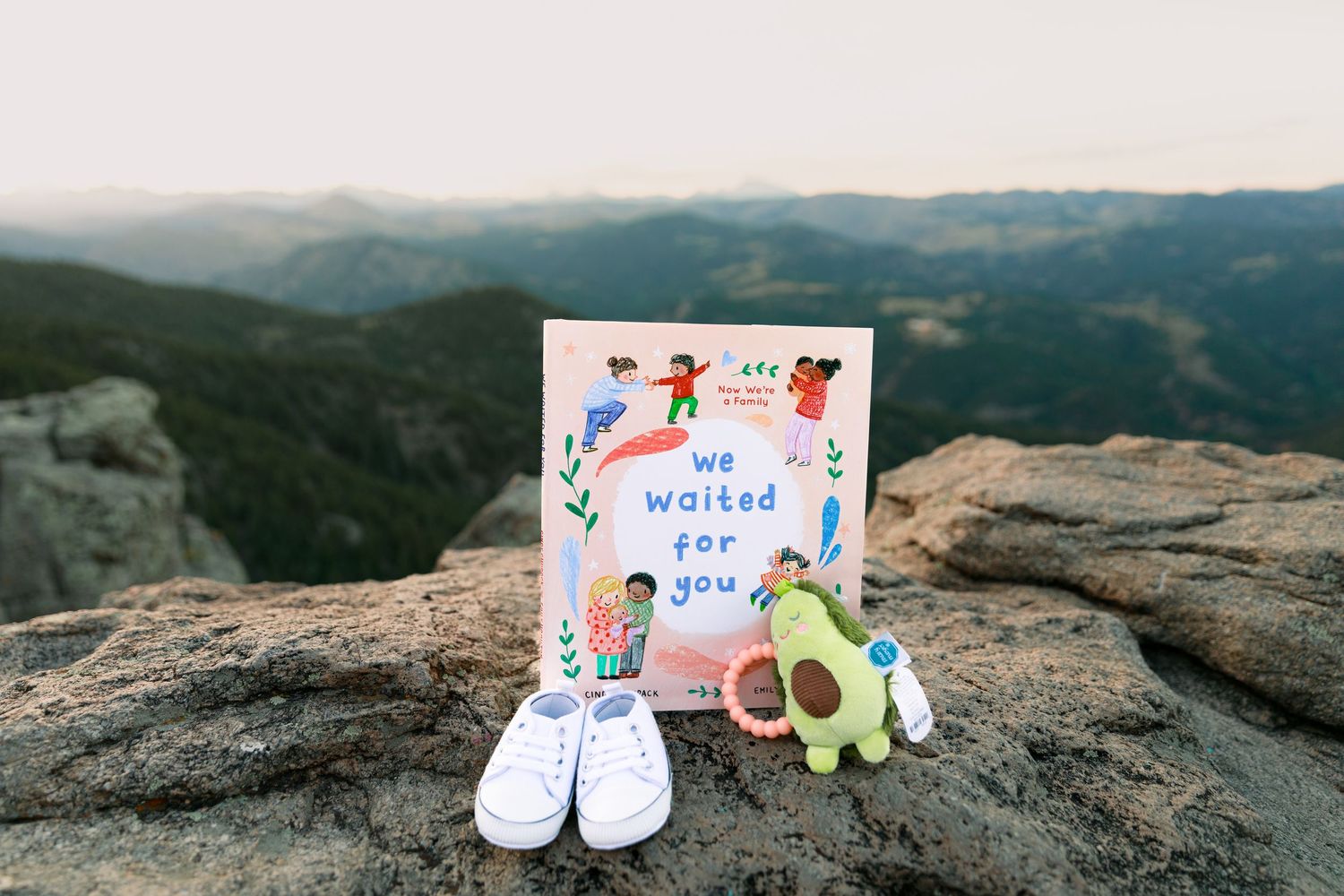 Baby shoes and cards displayed on rocky mountain terrain with scenic views in background.