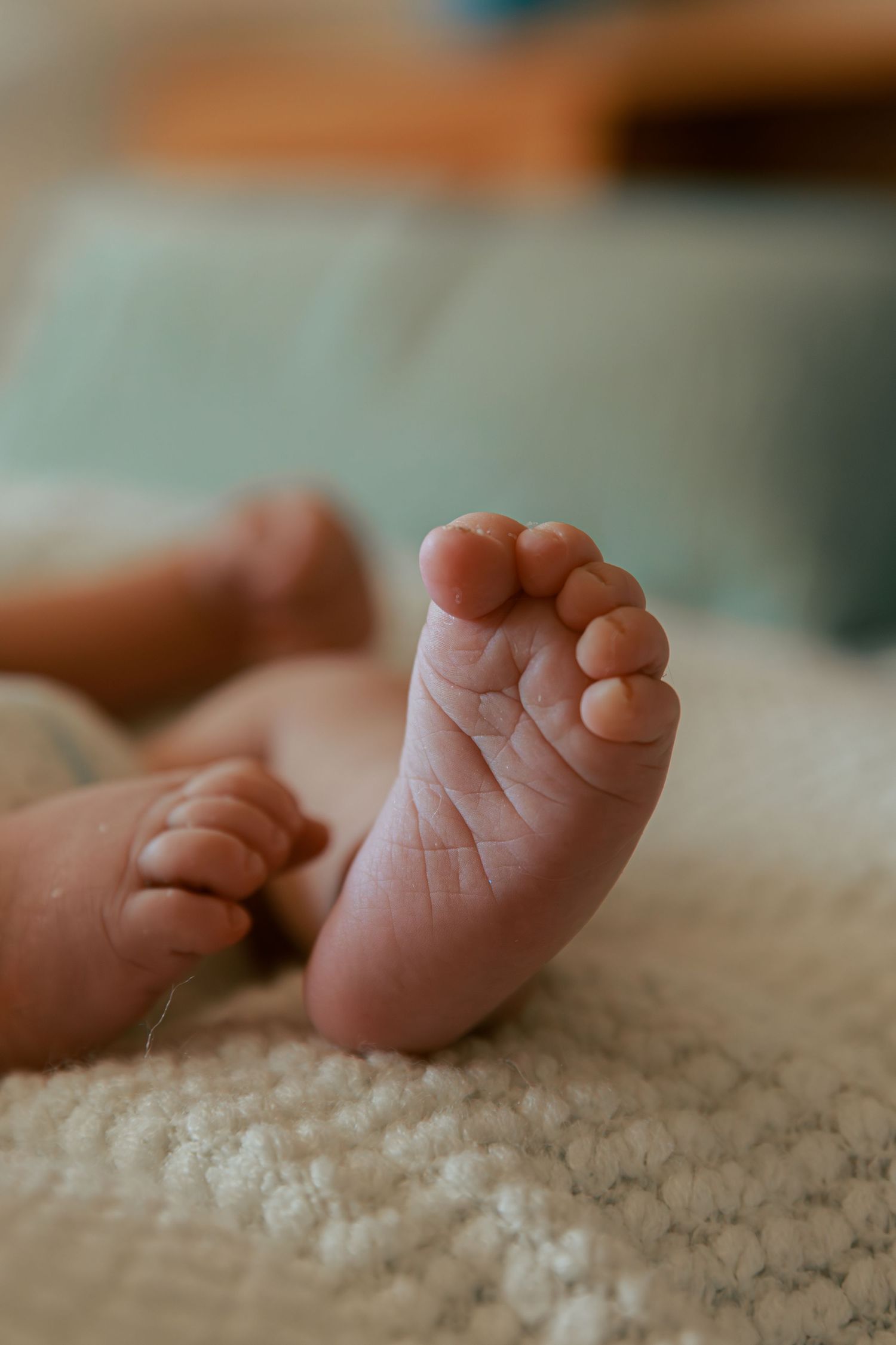 Close-up series of tiny newborn feet against textured white fabric.
