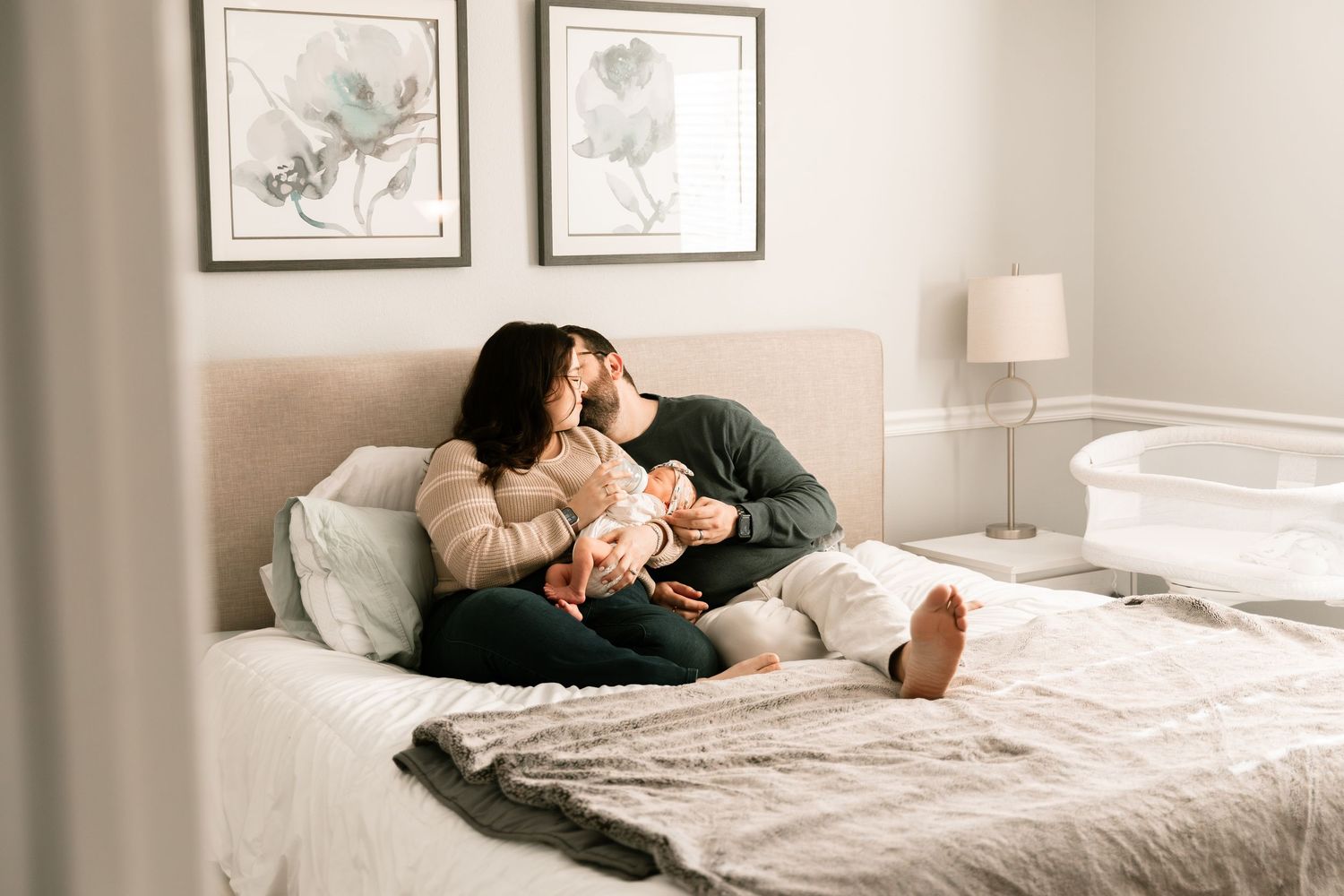 A series of intimate lifestyle photos showing couples relaxing together on white bedding in natural light settings.