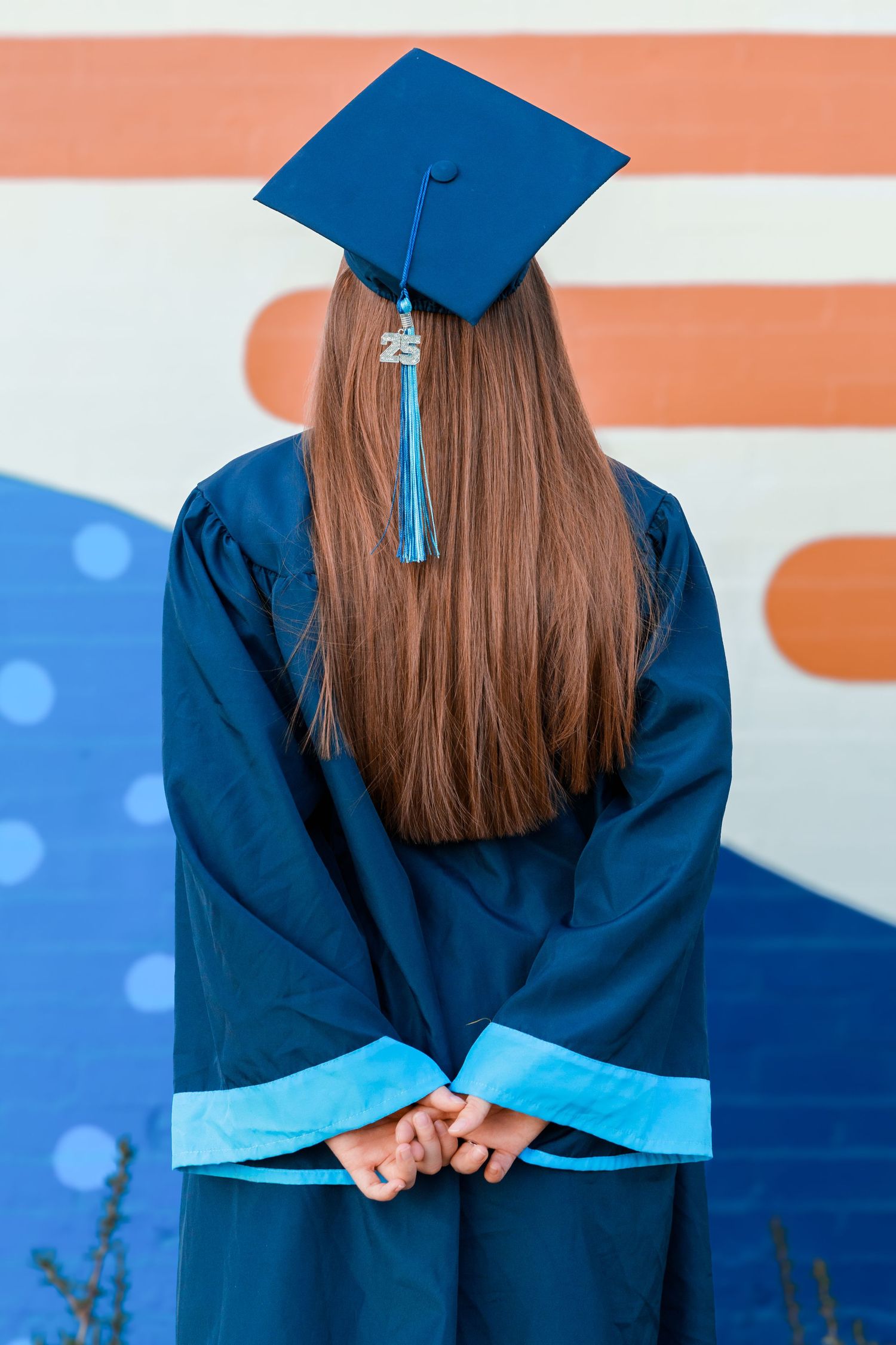 Graduate in blue cap and gown shown from behind against colorful background.