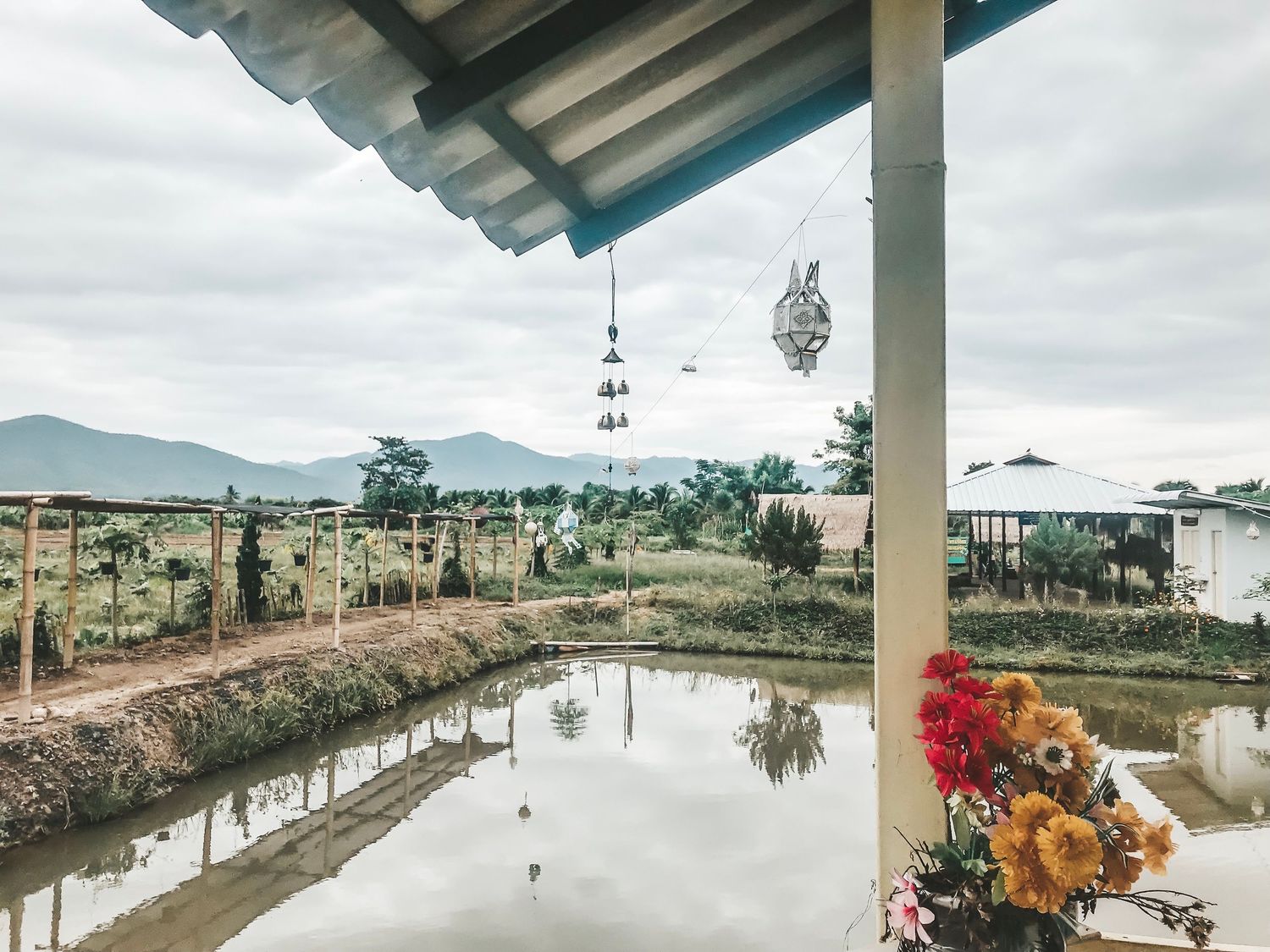 Scenic mountain landscape view from covered patio with colorful flower arrangements.