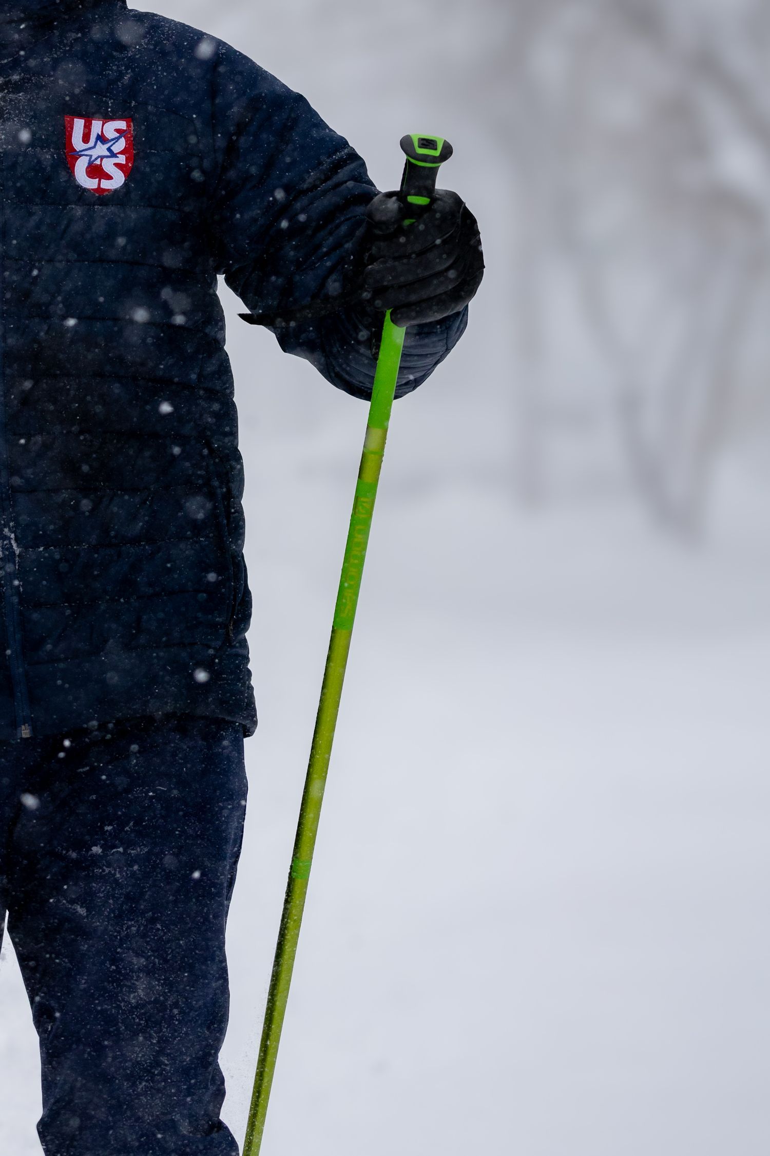 A sequence of winter skiing action shots showing a skier's legs and poles against snowy terrain.
