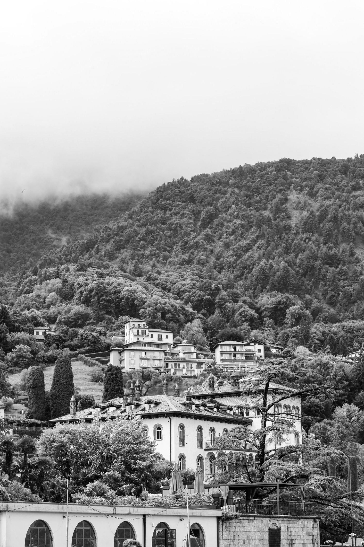 Black and white cityscape of hillside Italian villas and buildings nestled among trees.