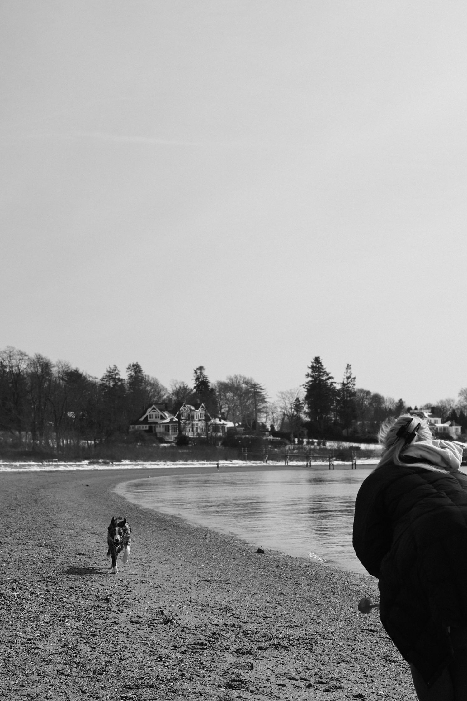 A person walks along a curved beach shoreline with houses visible in the distance on a cloudy winter day.
