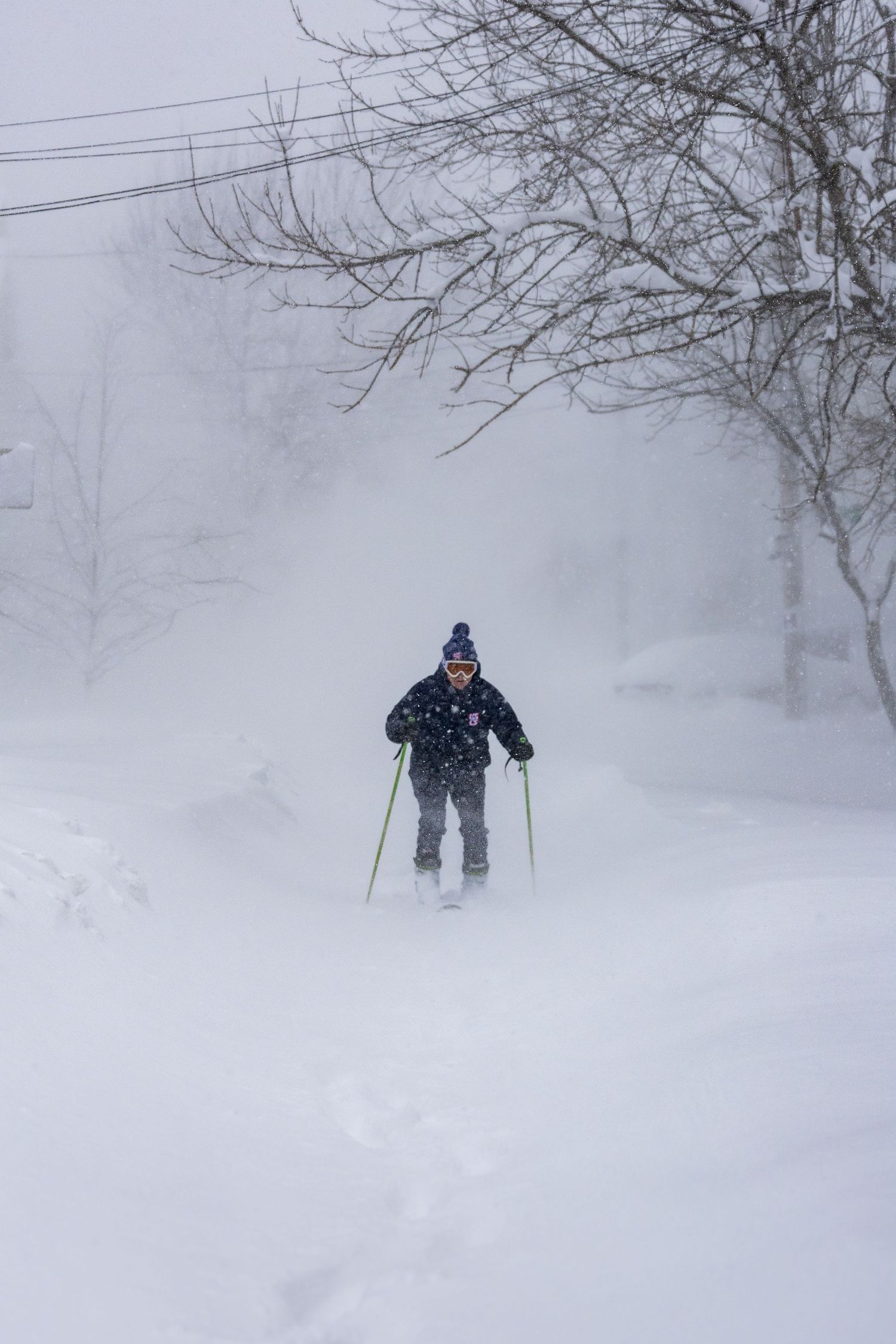 A person skiing through deep powder snow in whiteout conditions with snow-covered trees in the background.