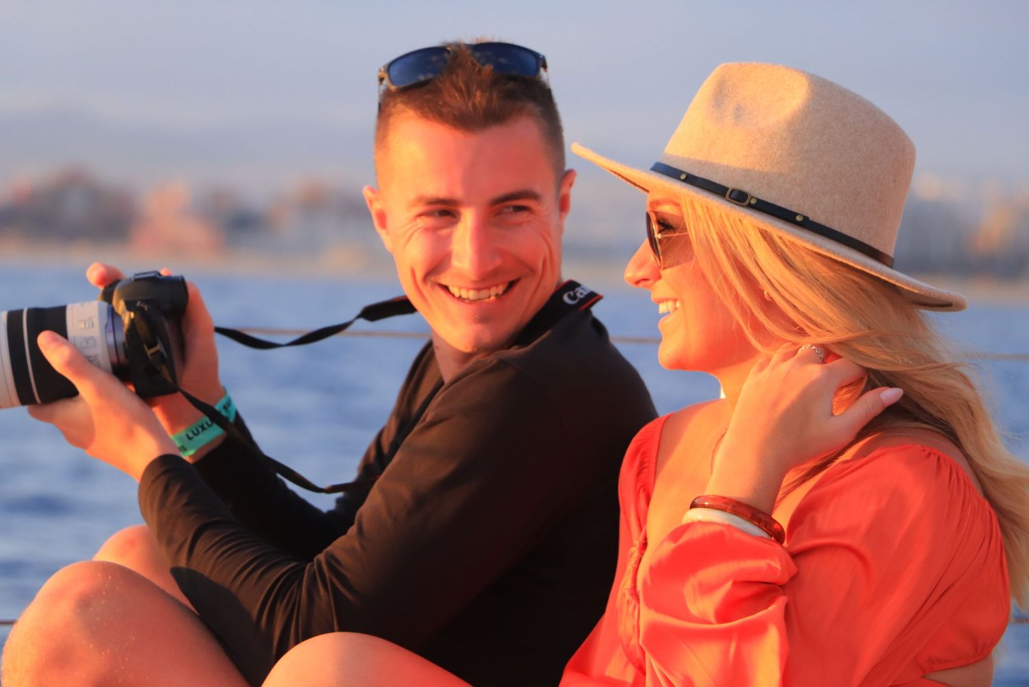 A series of beachside sunset photos showing people enjoying the golden hour by the water.