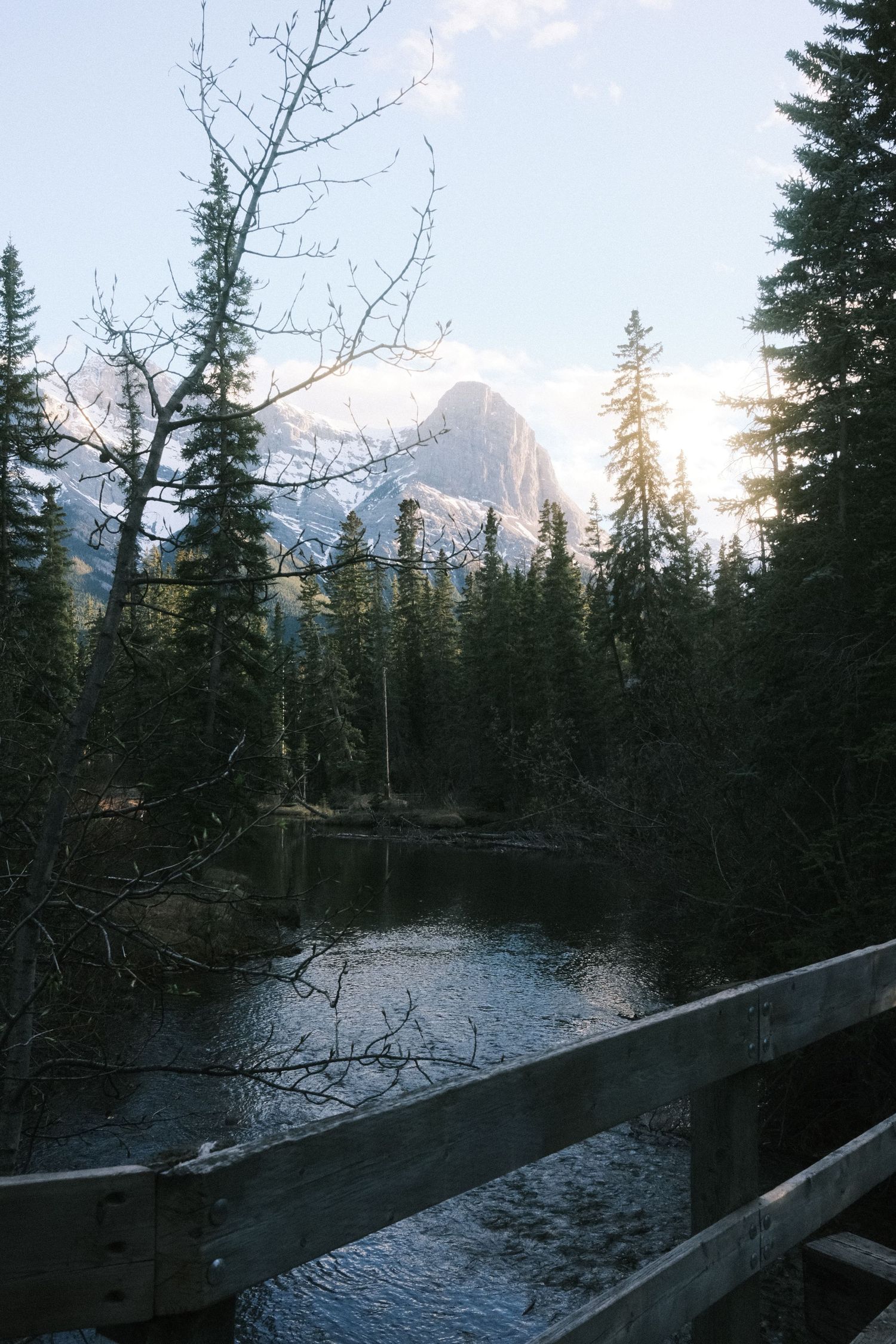 Wooden bridge overlooking a serene mountain lake surrounded by evergreen forest with a snow-capped peak at sunset.
