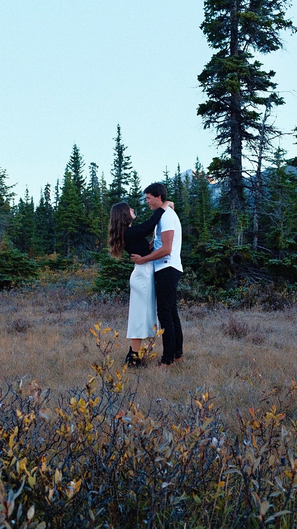 Couple embracing romantically in an autumn meadow surrounded by evergreen trees in a scenic wilderness setting.