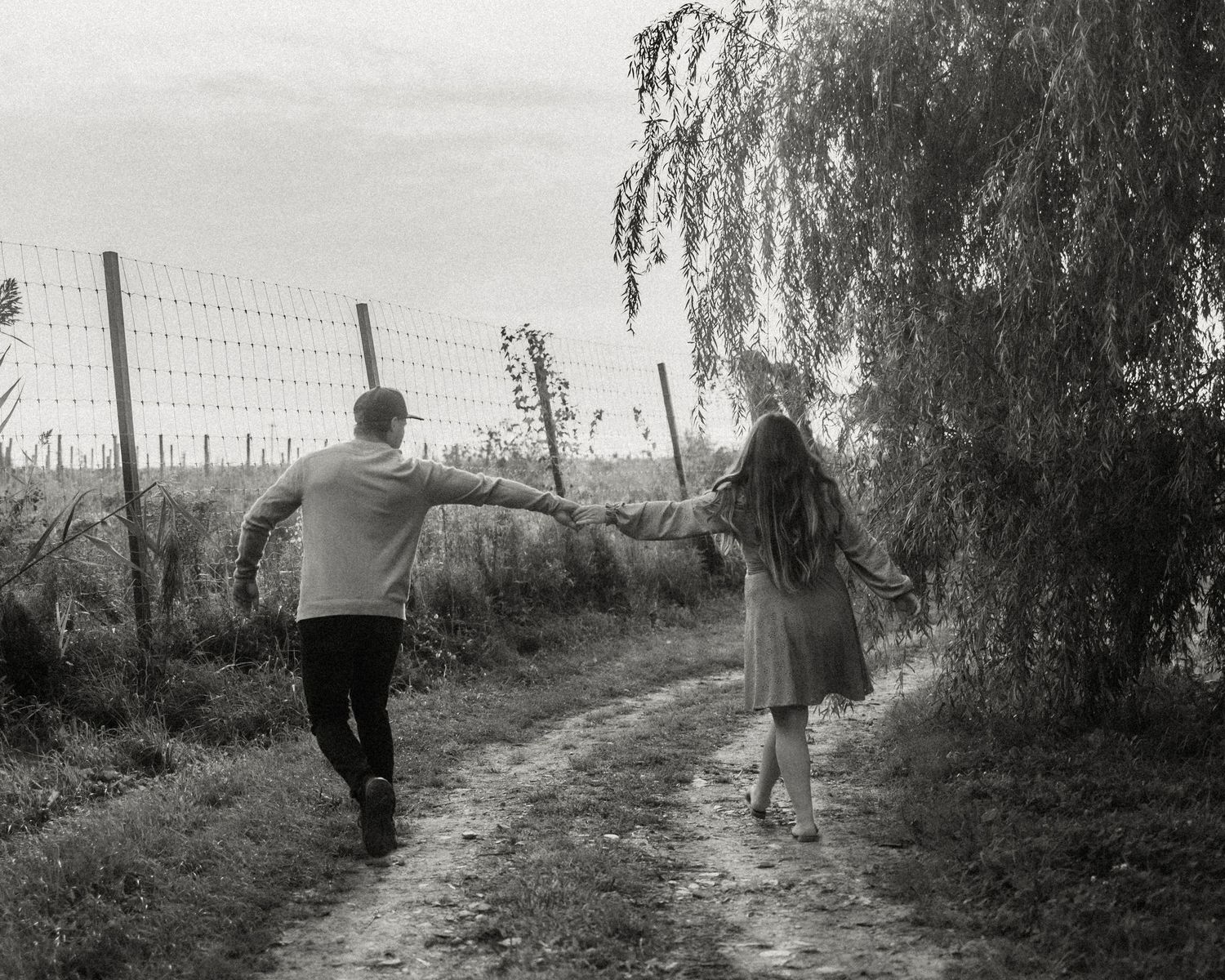 A series of black and white photographs showing a person walking along a rural path with willow trees.