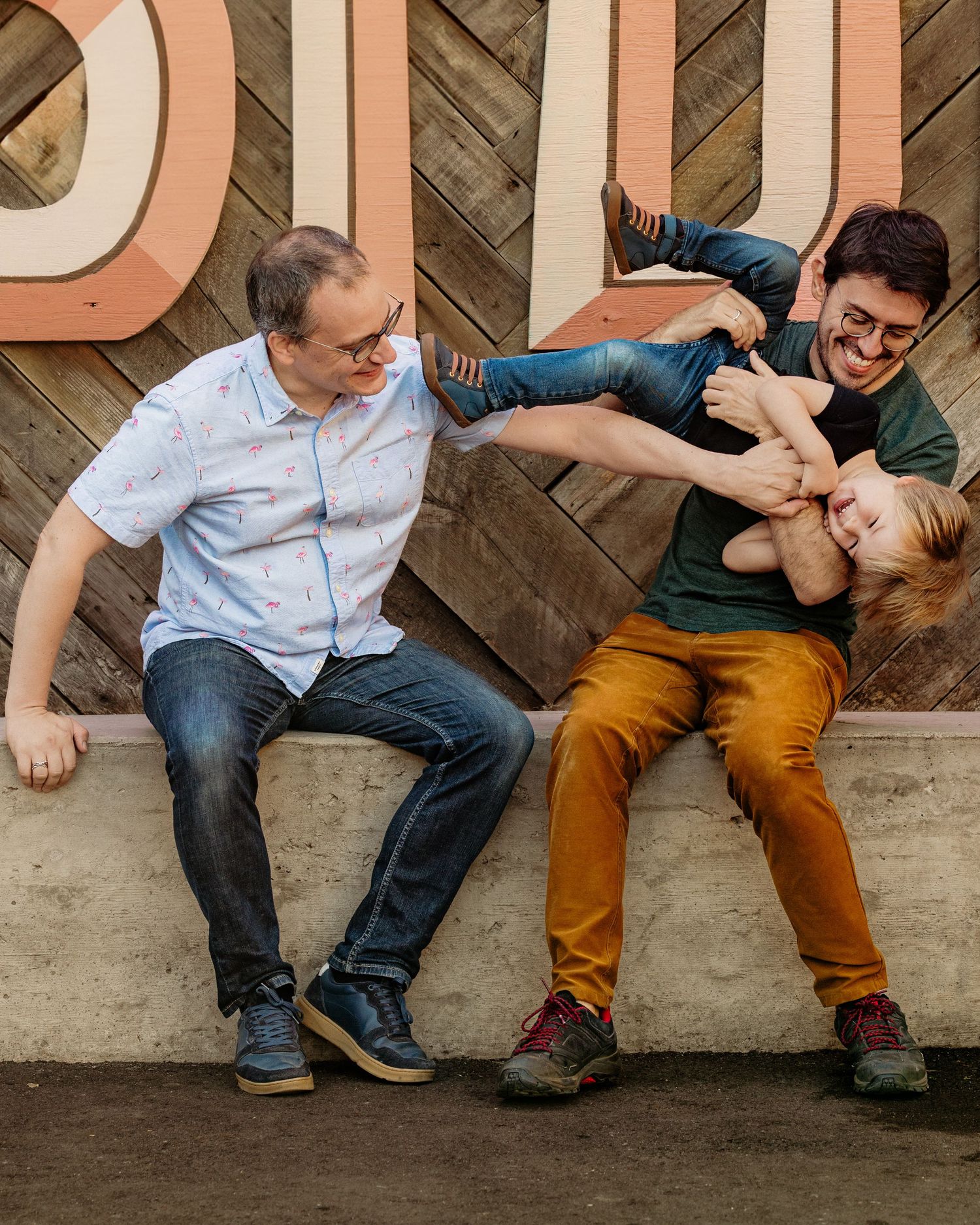 A sequence of playful poses on a wooden bench showing legs and casual clothing.