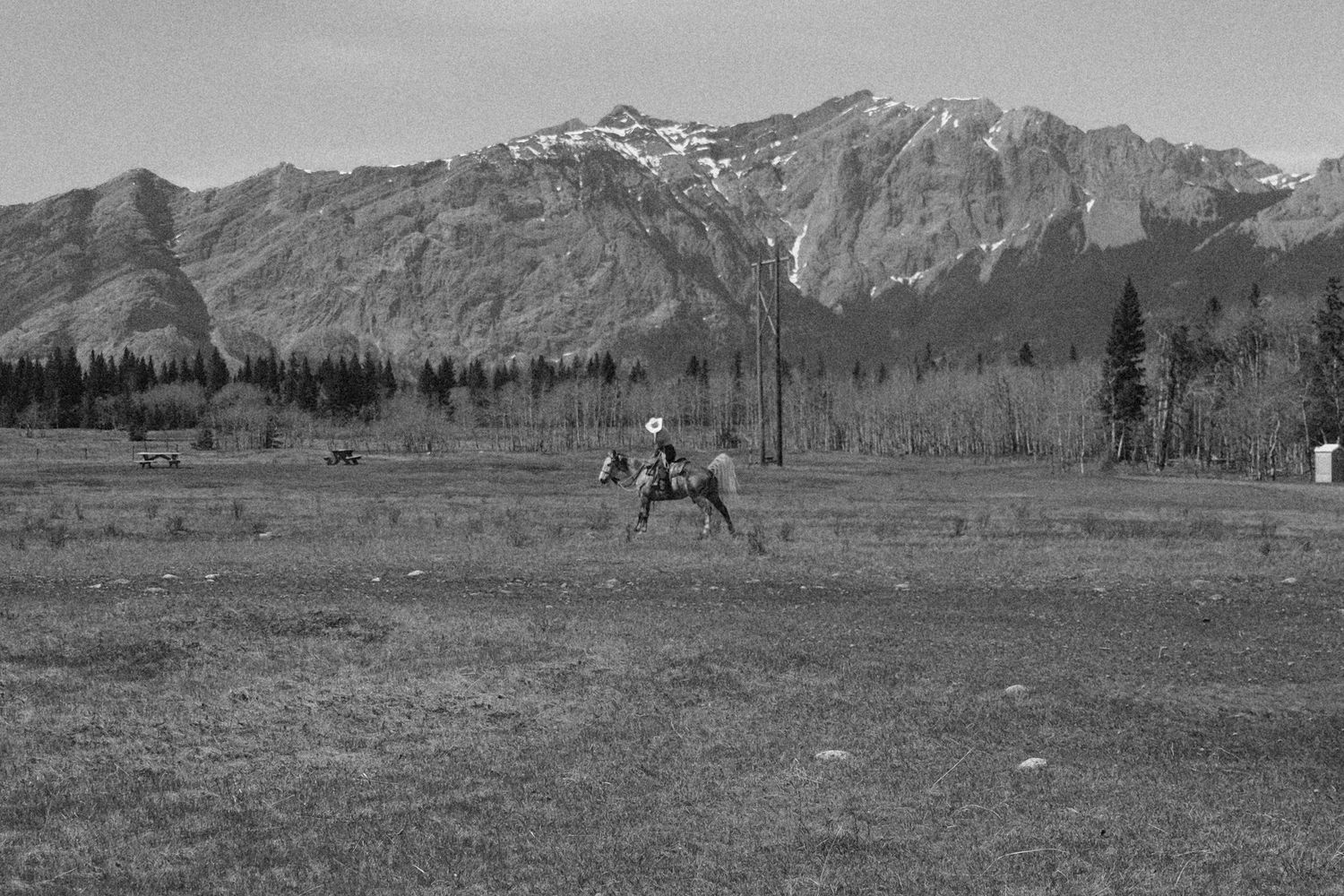 Black and white photo of a lone horseback rider in a vast meadow with snow-capped mountains in the background.