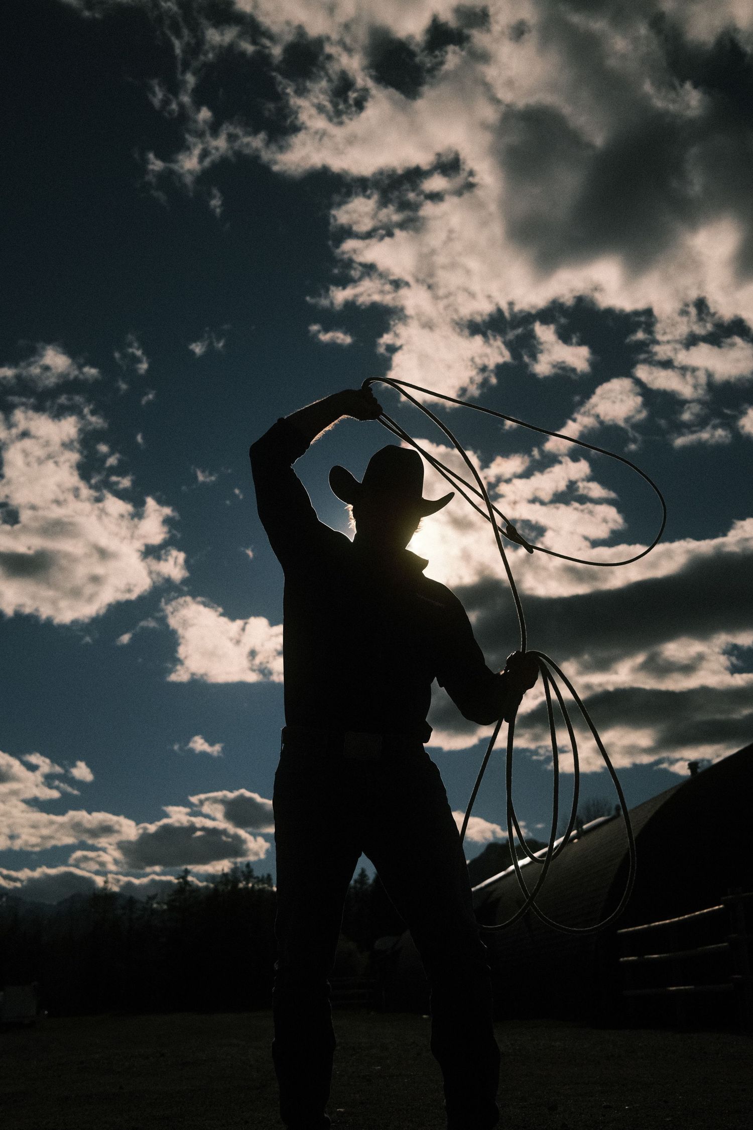 Silhouette of a cowboy swinging a lasso against a dramatic cloudy sky backdrop.