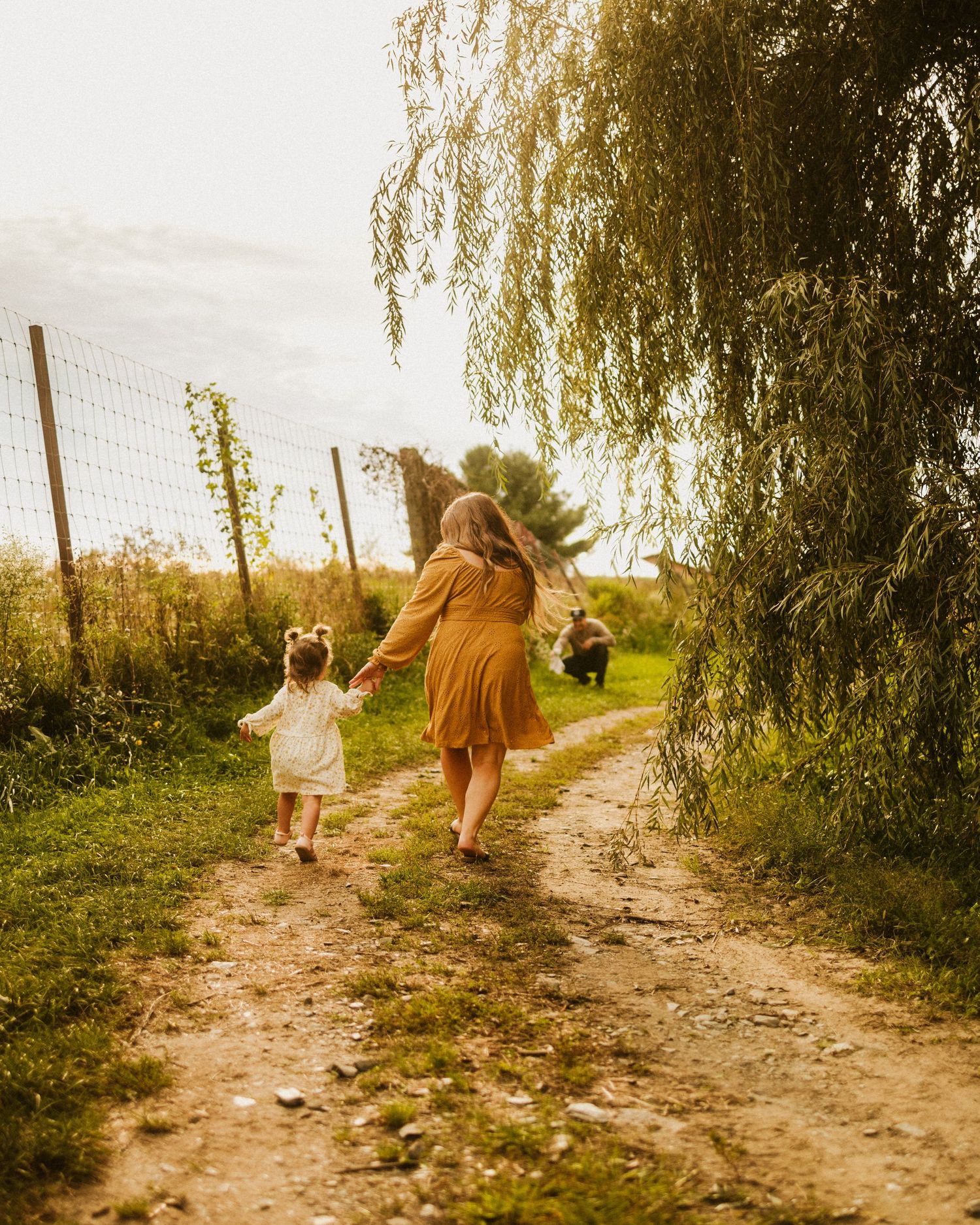 Two people walking together on a sunlit country path bordered by weeping willow trees.