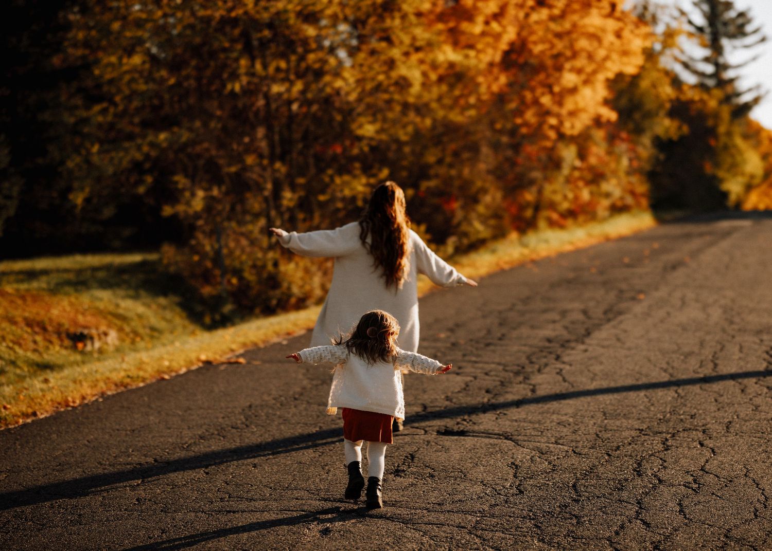 Two figures walking down a country road lined with golden autumn trees.